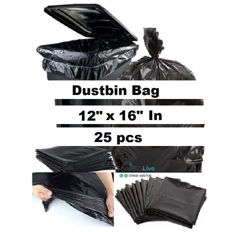 25 Pcs (310g) 12" X 16" in Black Dustbin Garbage Bag 12 X 16 Inch Heavy Duty Trash Bin Kalo Moylar Felar Poly Waste Disposal Plastic Bags Home Office Kitchen Polibag_img_0