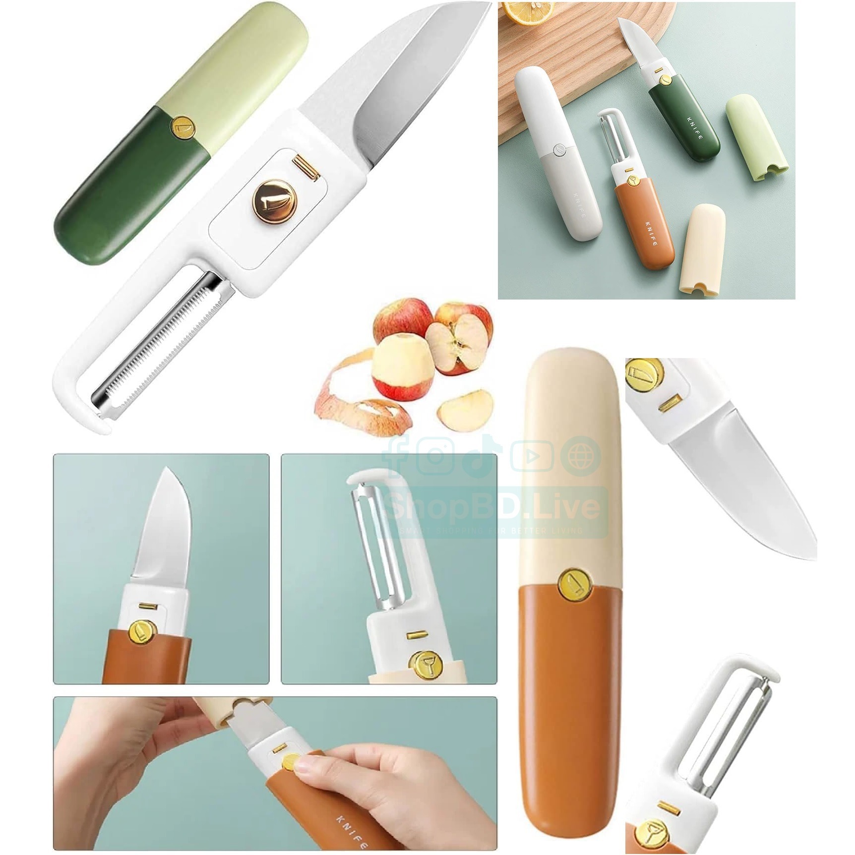2 in 1 Multifunction Stainless Steel Fruit Knifeee and Peeler Portable Fruit & Vegetable Dual Use Cutter Peeling Tool Apple Peeler Potato Peeler Julienne Peeler Travel Kitchen Knifeee with Protective Cover Ergonomic Handle for Home Kitchen Outdoor Camping_img_1