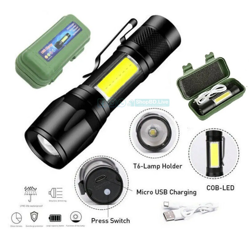 Rechargeable Mini Torch Light with COB LED & Zoom Flashlight | Price in BD_img_0