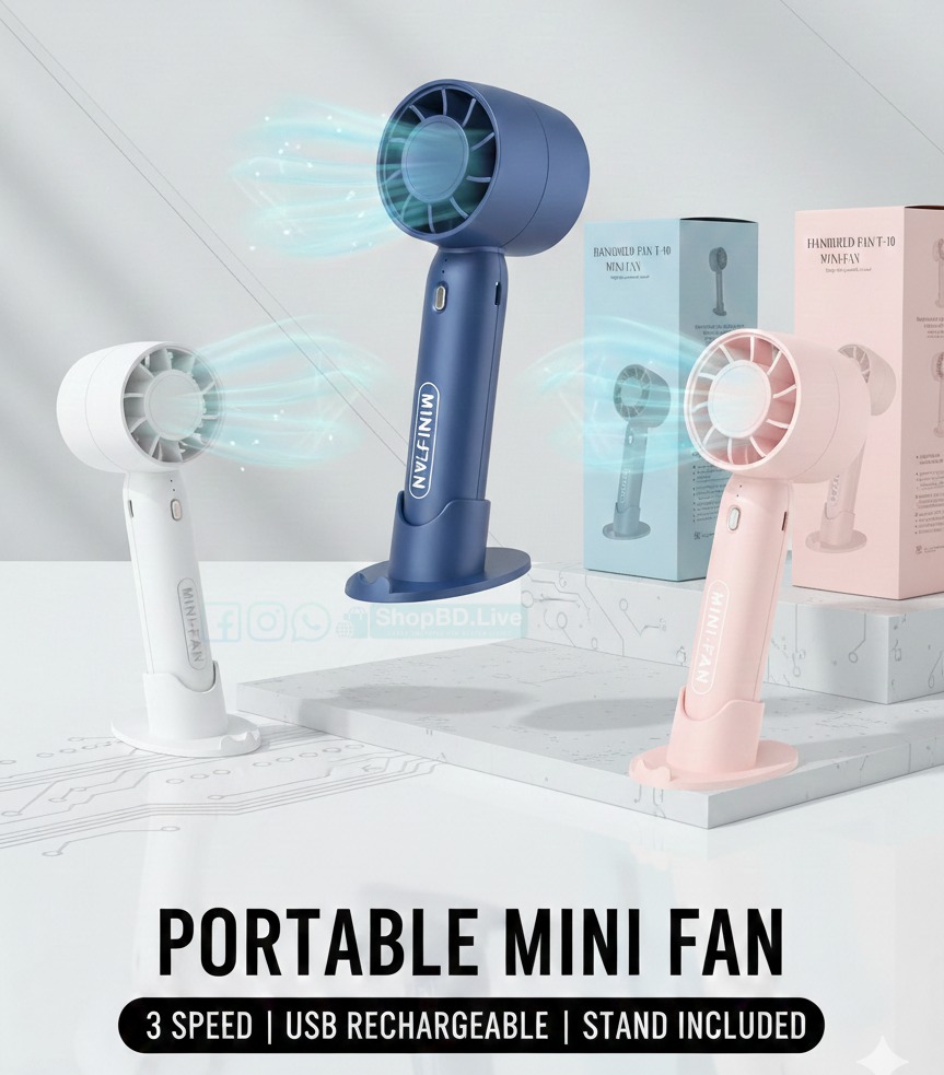 Portable Mini Handheld Fan T10 – USB Rechargeable, 2200mAh Battery, 3 Speed, Mobile Stand | Large Airflow | Price in BD_img_1