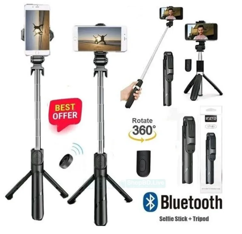 Stand XT-02 3-in-1 Bluetooth Selfie Stick & Mobile Tripod – 360° Rotatable Remote Selfie Stand | Price in BD