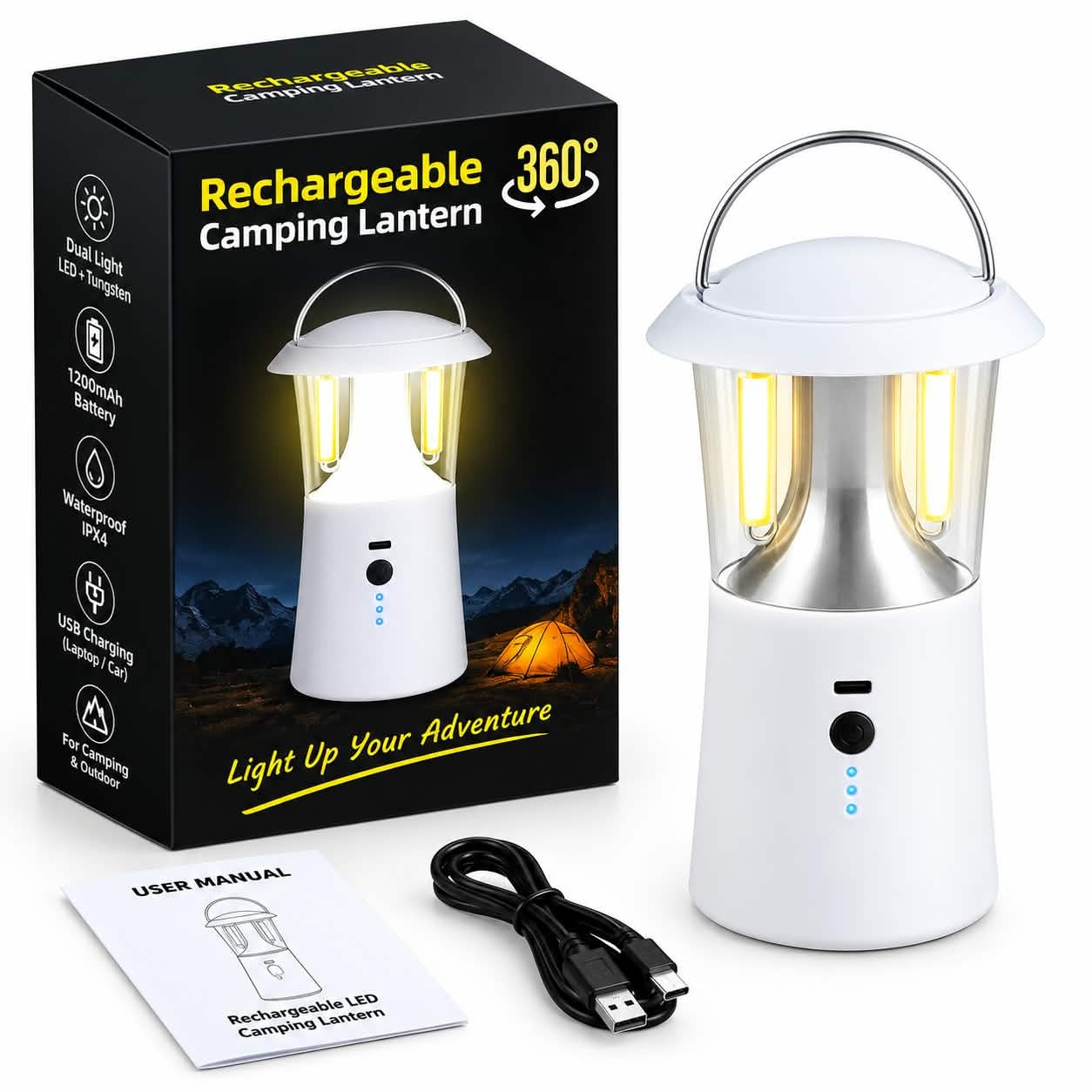 One multi-functional multi-color LED camping lamp with three outdoor lights, 360 degree rotating emergency lighting and also foldable