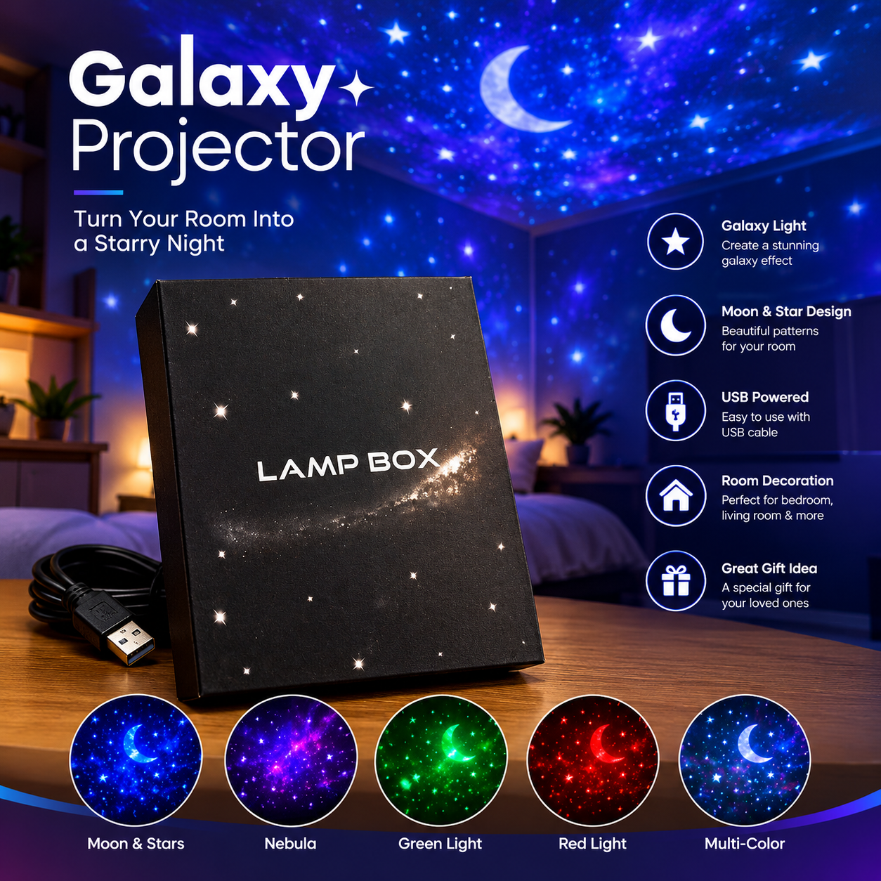 Galaxy Projector Lamp Box – 6 Lens Galaxy Projector