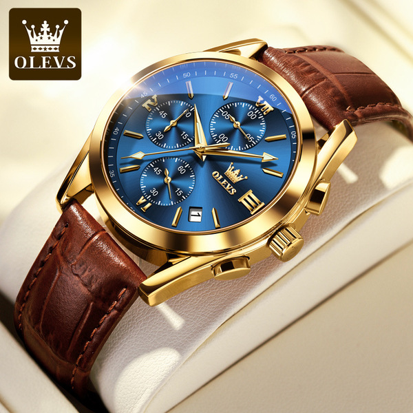 OLEVS 2872 Men's Blue Dial Gold Case Watch with Brown Leather Strap_img_3