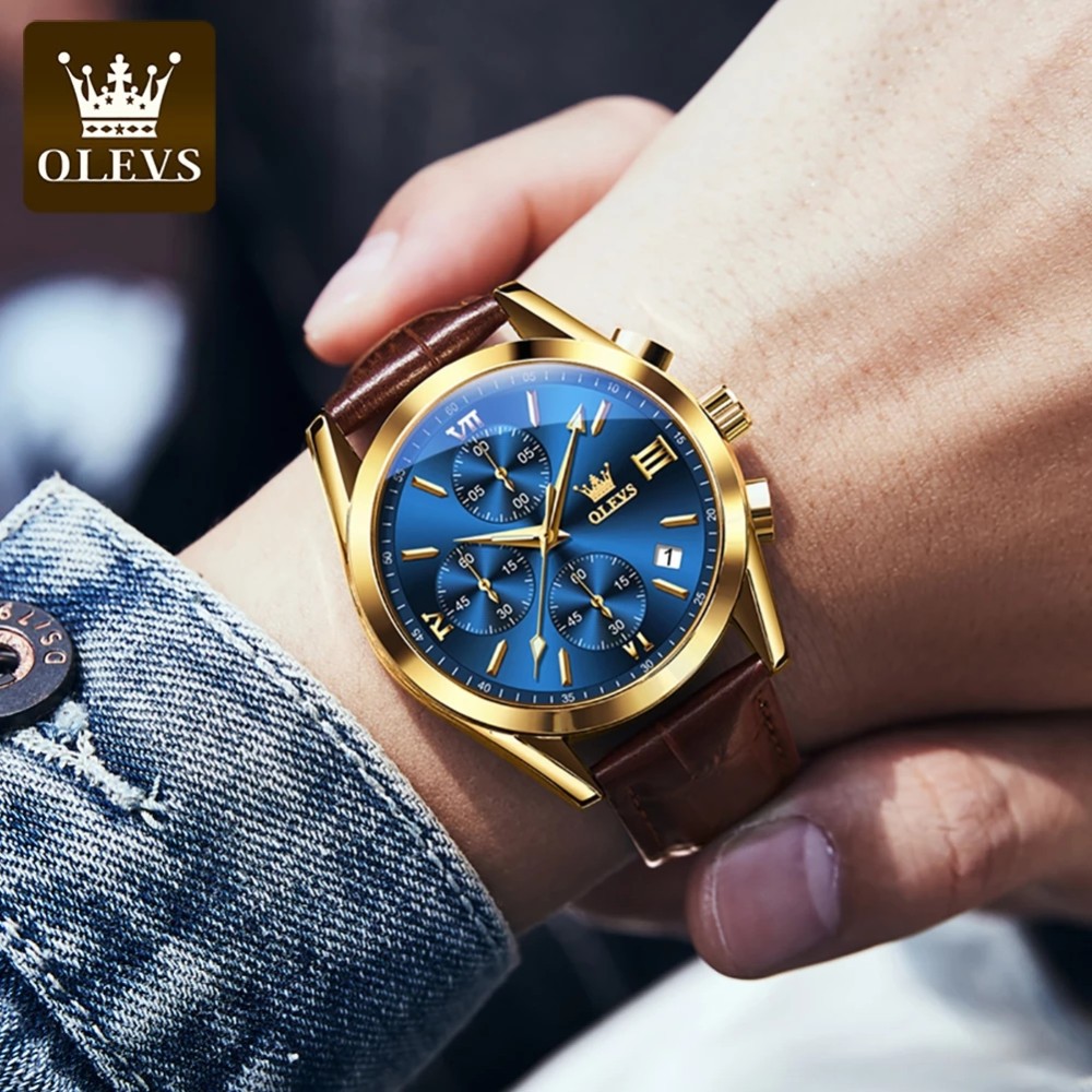 OLEVS 2872 Men's Blue Dial Gold Case Watch with Brown Leather Strap_img_4
