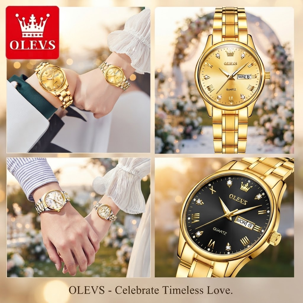 OLEVS প্রিমিয়াম গোল্ডেন কাপল ওয়াচ (গোল্ডেন ও ব্ল্যাক ডায়াল) - লাক্সারি ওয়াচ সেট