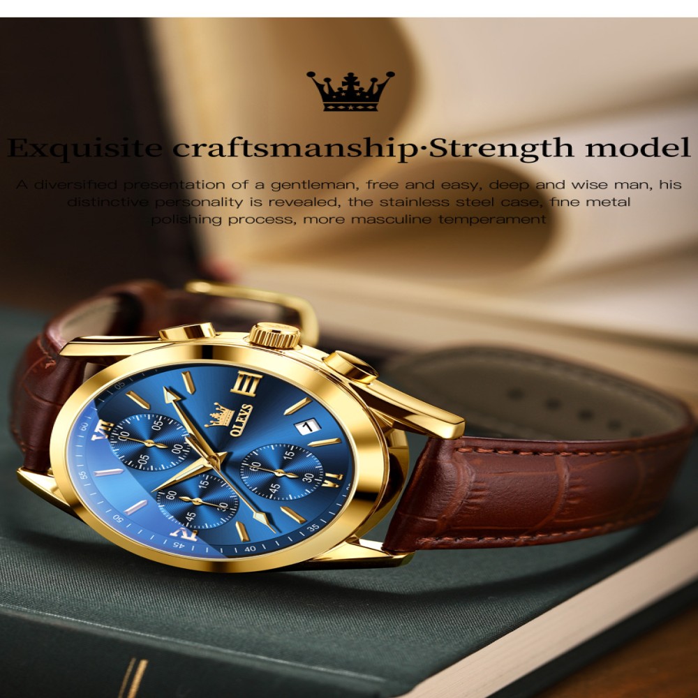 OLEVS 2872 Men's Blue Dial Gold Case Watch with Brown Leather Strap_img_5