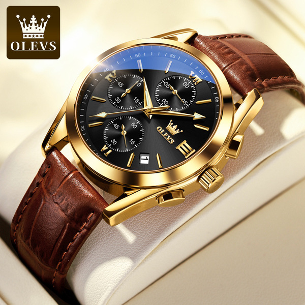 OLEVS 2872 Men's Blue Dial Gold Case Watch with Brown Leather Strap_img_2
