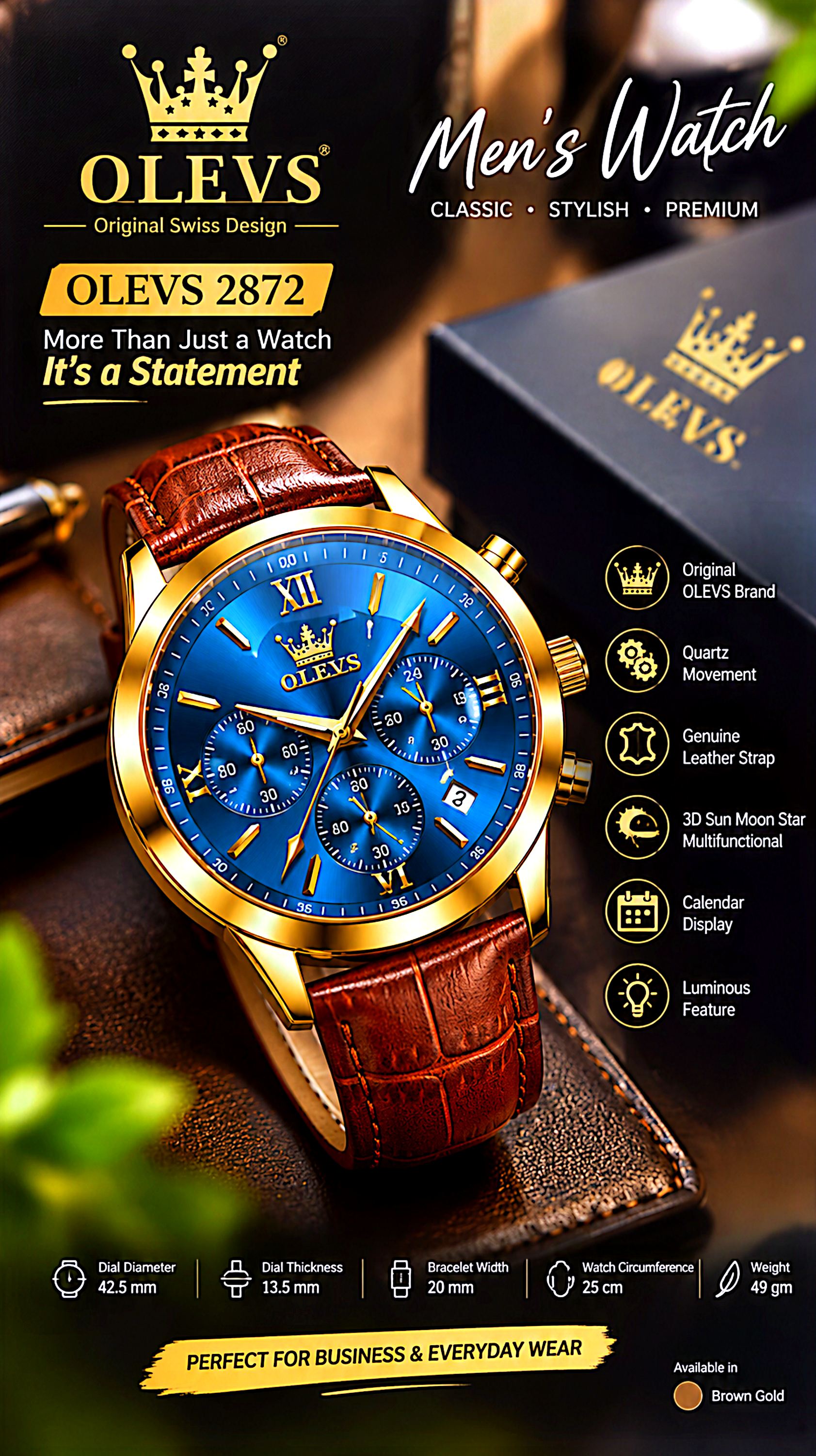 OLEVS 2872 Men's Blue Dial Gold Case Watch with Brown Leather Strap_img_0