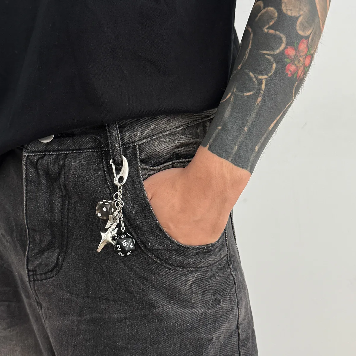 Y2K-inspired dice and star charm keychain/bag charm with a silver-tone metal finish - Image 2