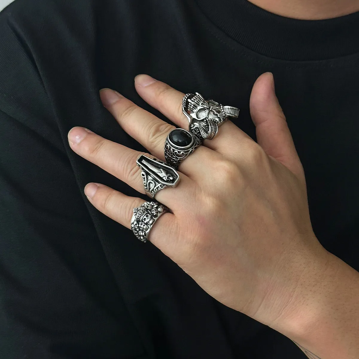 5pcs Set, Vintage Punk Exaggerated Skull and Ram Head Ring - Image 3
