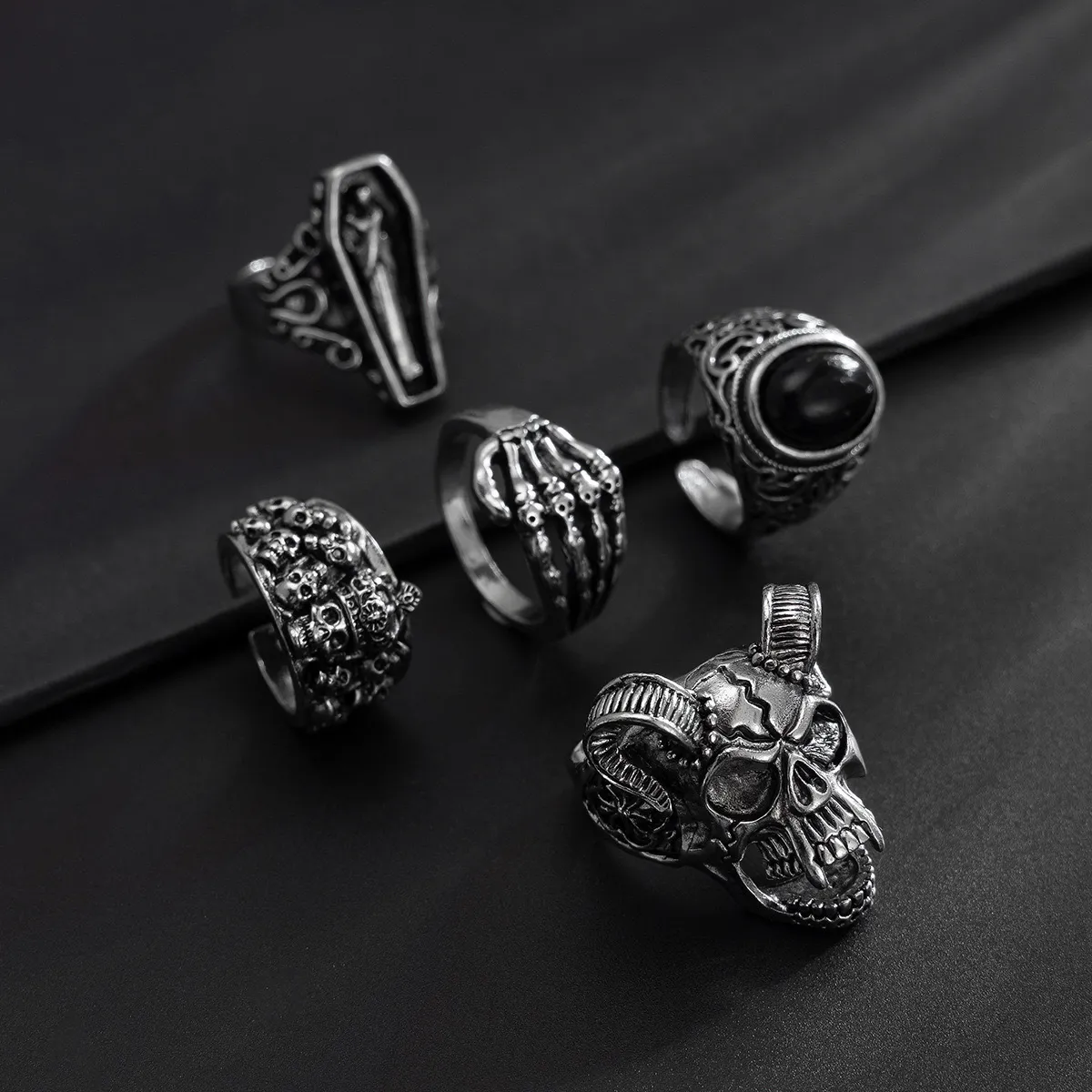 5pcs Set, Vintage Punk Exaggerated Skull and Ram Head Ring - Image 5