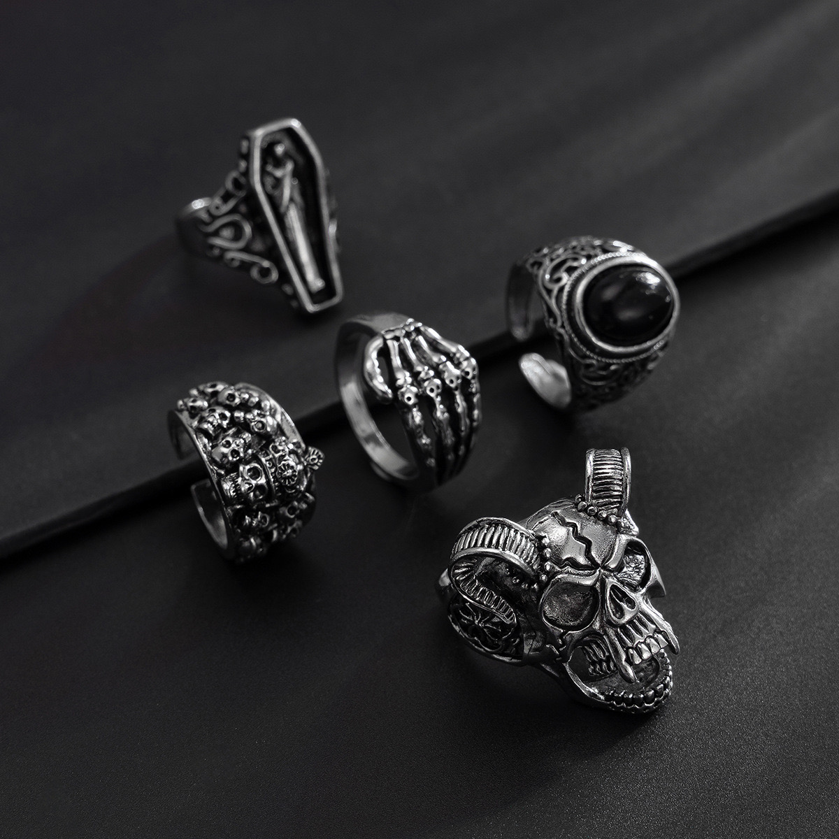 5pcs Set, Vintage Punk Exaggerated Skull and Ram Head Ring - Image 5