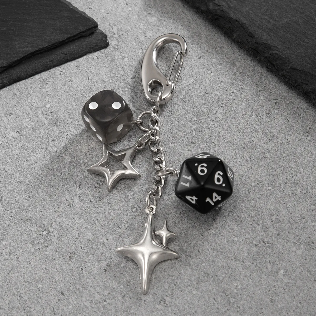 Y2K-inspired dice and star charm keychain/bag charm with a silver-tone metal finish - Image 5