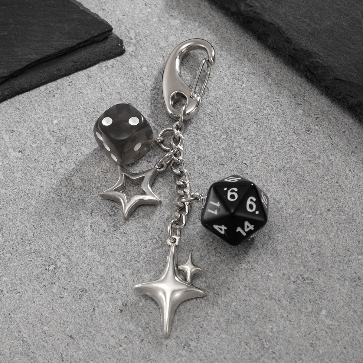 Y2K-inspired dice and star charm keychain/bag charm with a silver-tone metal finish - Image 5