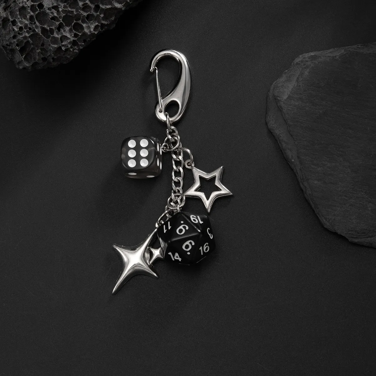 Y2K-inspired dice and star charm keychain/bag charm with a silver-tone metal finish - Image 1