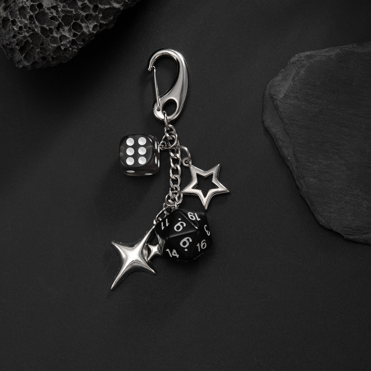 Y2K-inspired dice and star charm keychain/bag charm with a silver-tone metal finish - Image 1