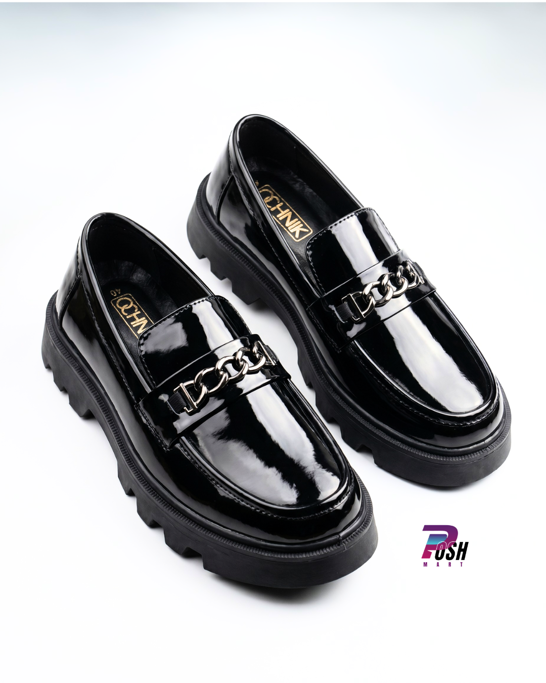 Glossy Black Chunky Loafer with Silver Chain