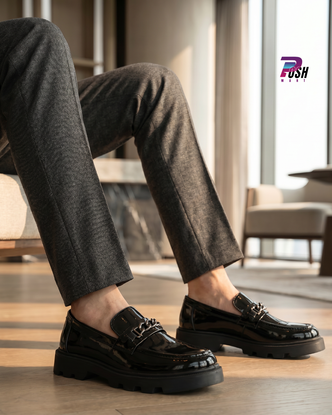 Glossy Black Chunky Loafer with Silver Chain_img_2