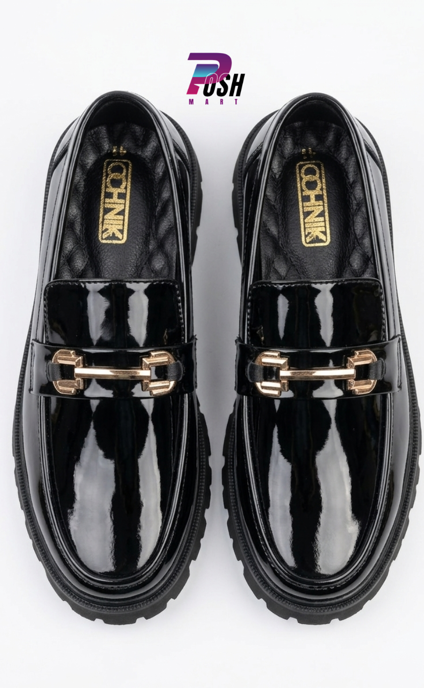 Glossy Black Golden Chain Chunky Loafer