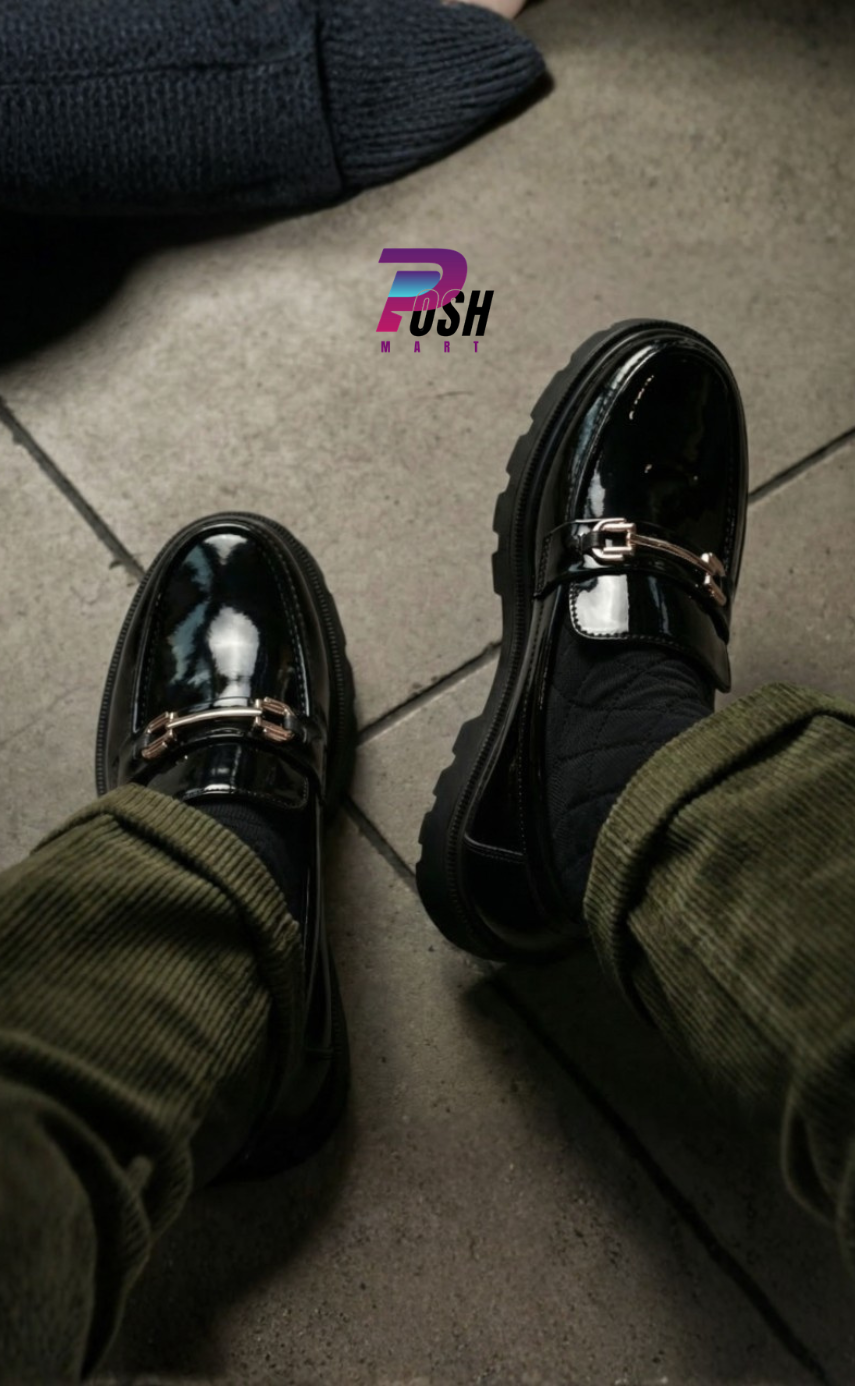 Glossy Black Golden Chain Chunky Loafer_img_2