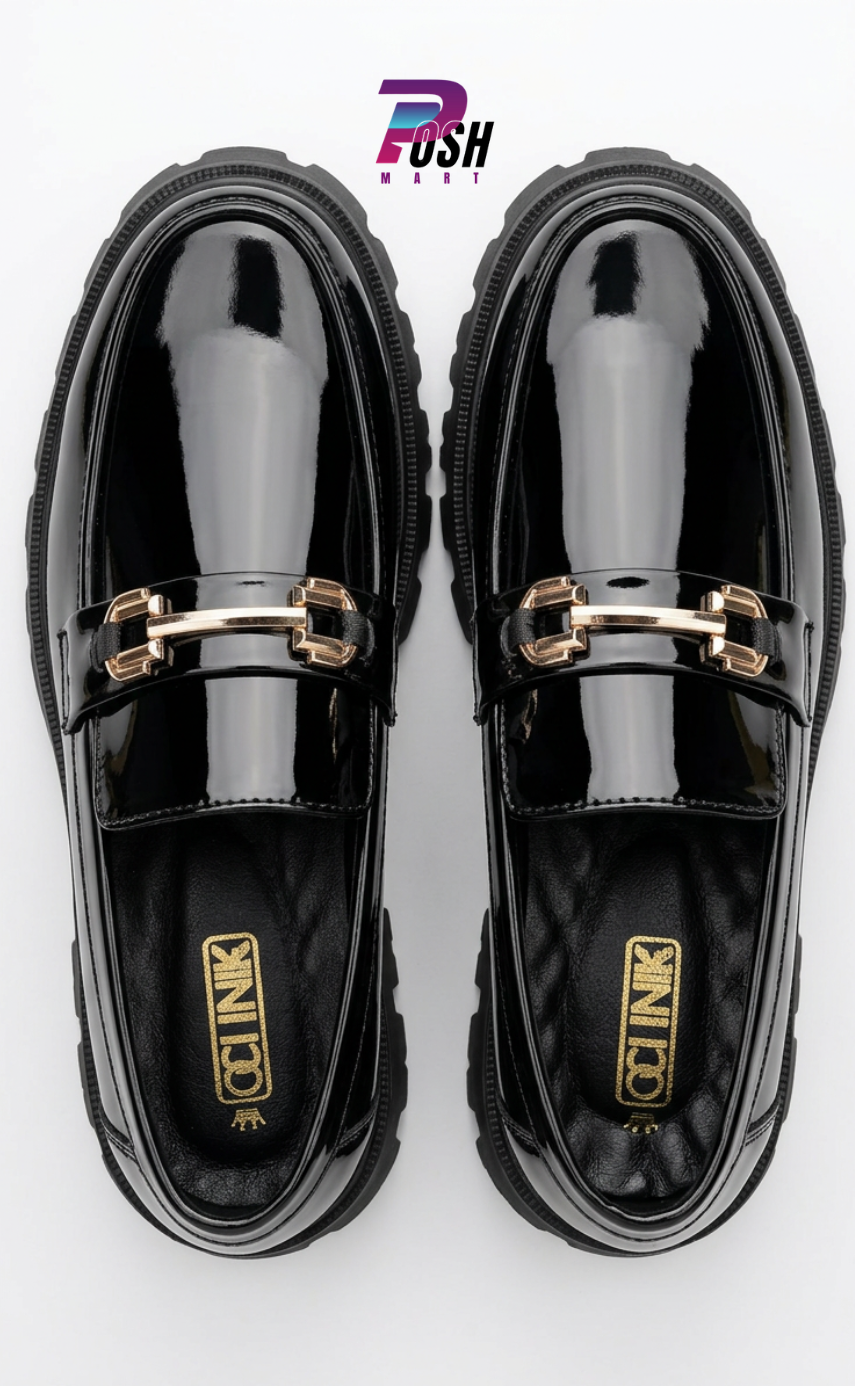 Glossy Black Golden Chain Chunky Loafer_img_3