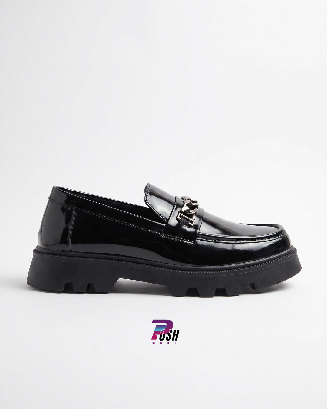 Glossy Black Chunky Loafer with Silver Chain_img_1