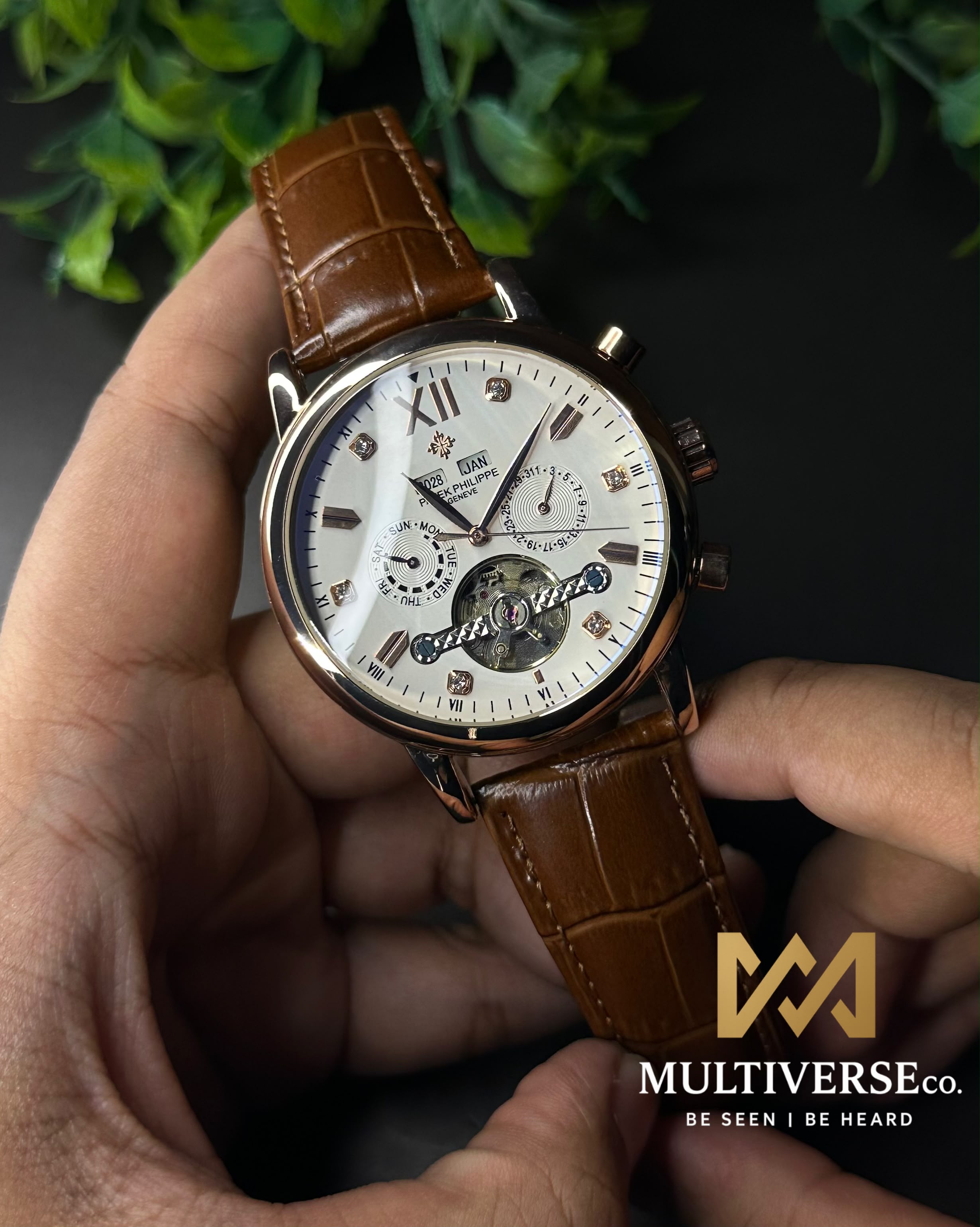 PATEK PHILIPPE GRAND CALENDAR OPEN-HEART PERPETUAL BROWN LEATHER ROSE GOLD TONE WATCH_img_3