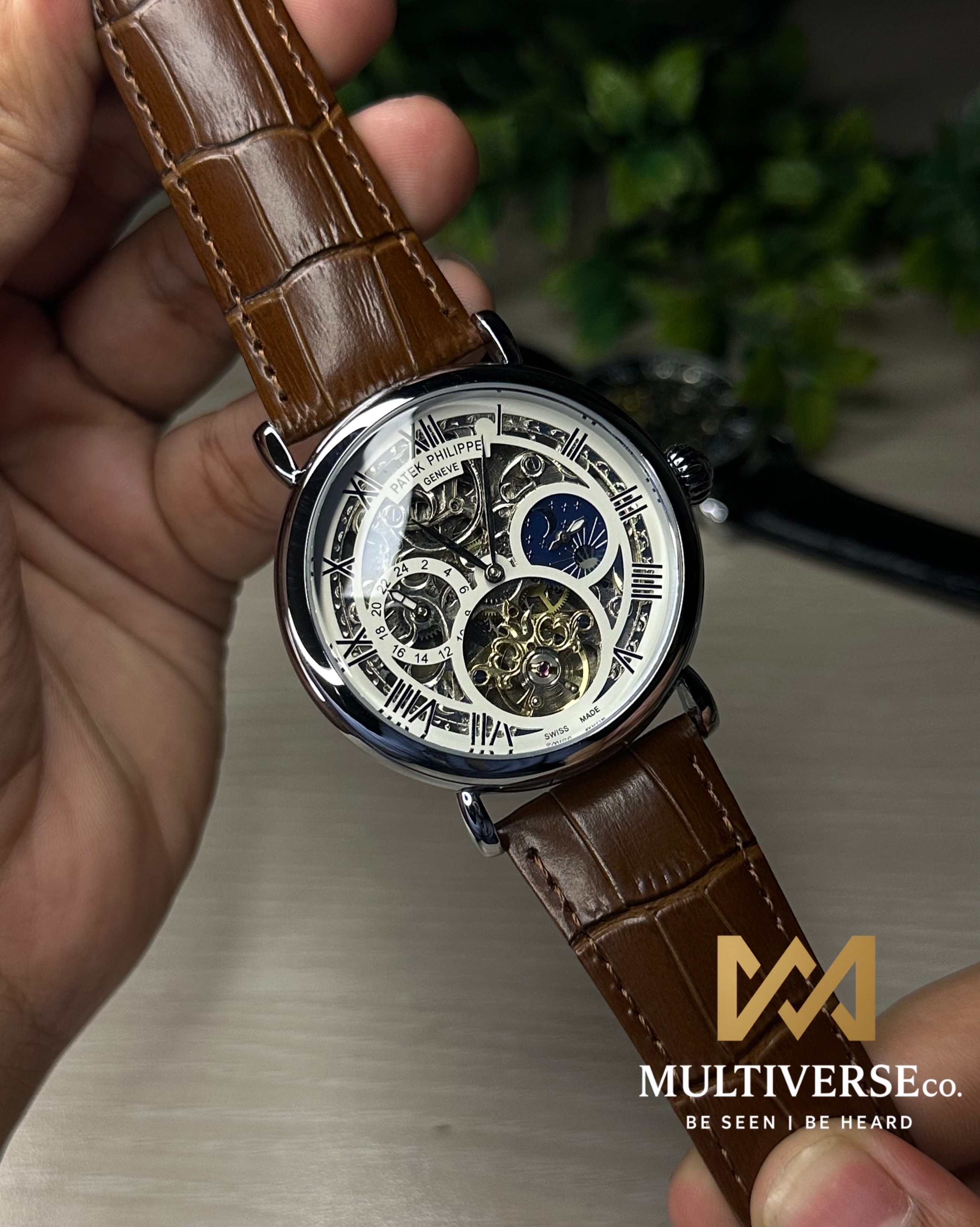 PATEK PHILIPPE SKELETON TOURBILLON BROWN LEATHER SILVER TONE WHITE DIAL WATCH_img_5