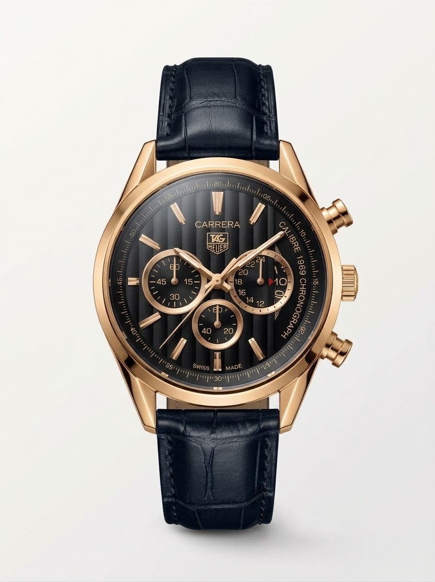 TAG HEUER CARRERA CALIBRE 1969 BLACK DIAL BLACK STRAP ROSE GOLD TONE WATCH (AA)