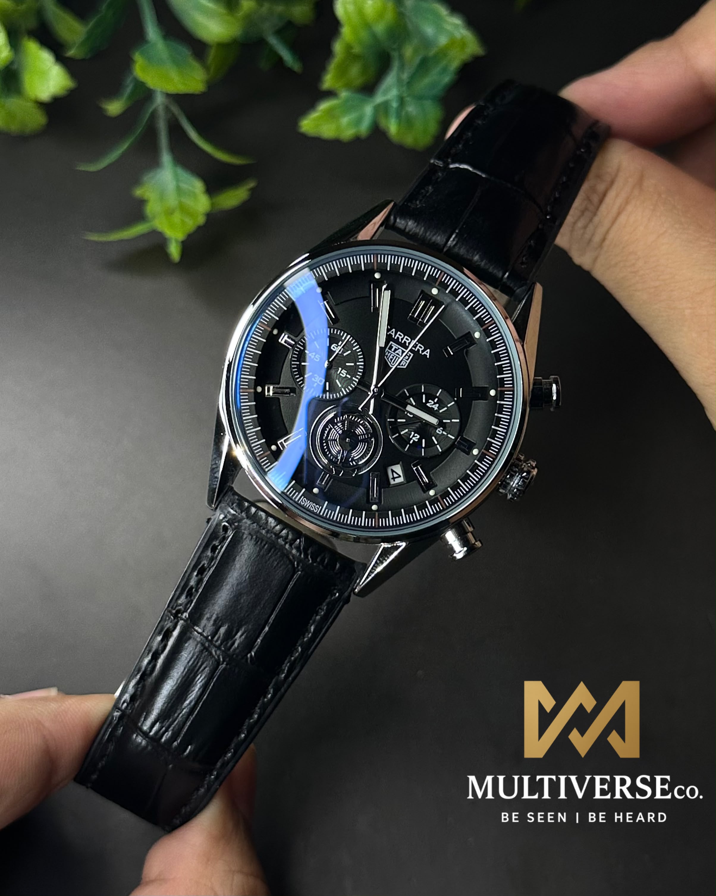 TAG HEUER CARRERA CHRONO BROWN LEATHER BLACK DIAL WATCH_img_0