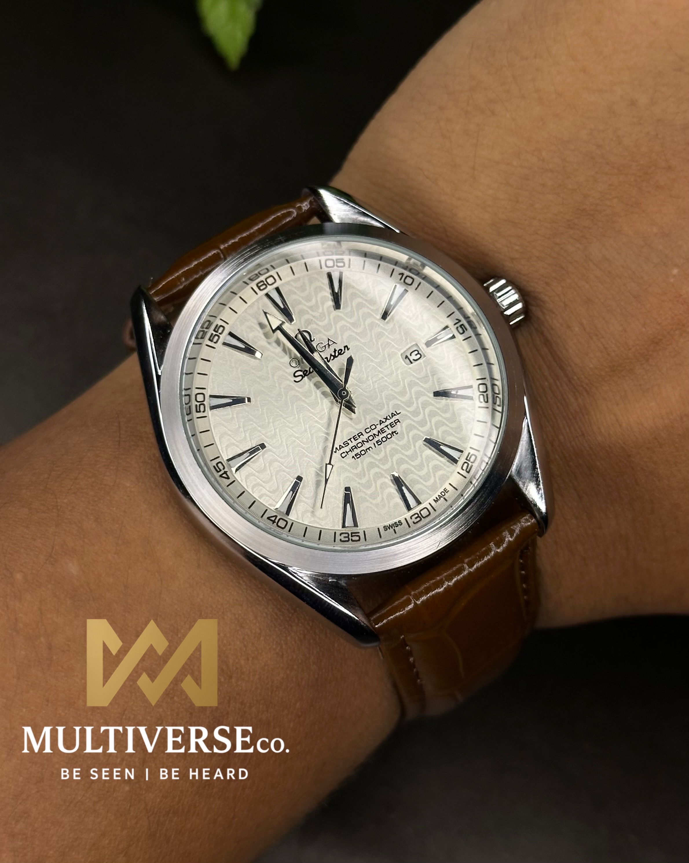 OMEGA SEAMASTER WHITE WAVE PATTERN DIAL BROWN BELT (AA)_img_4