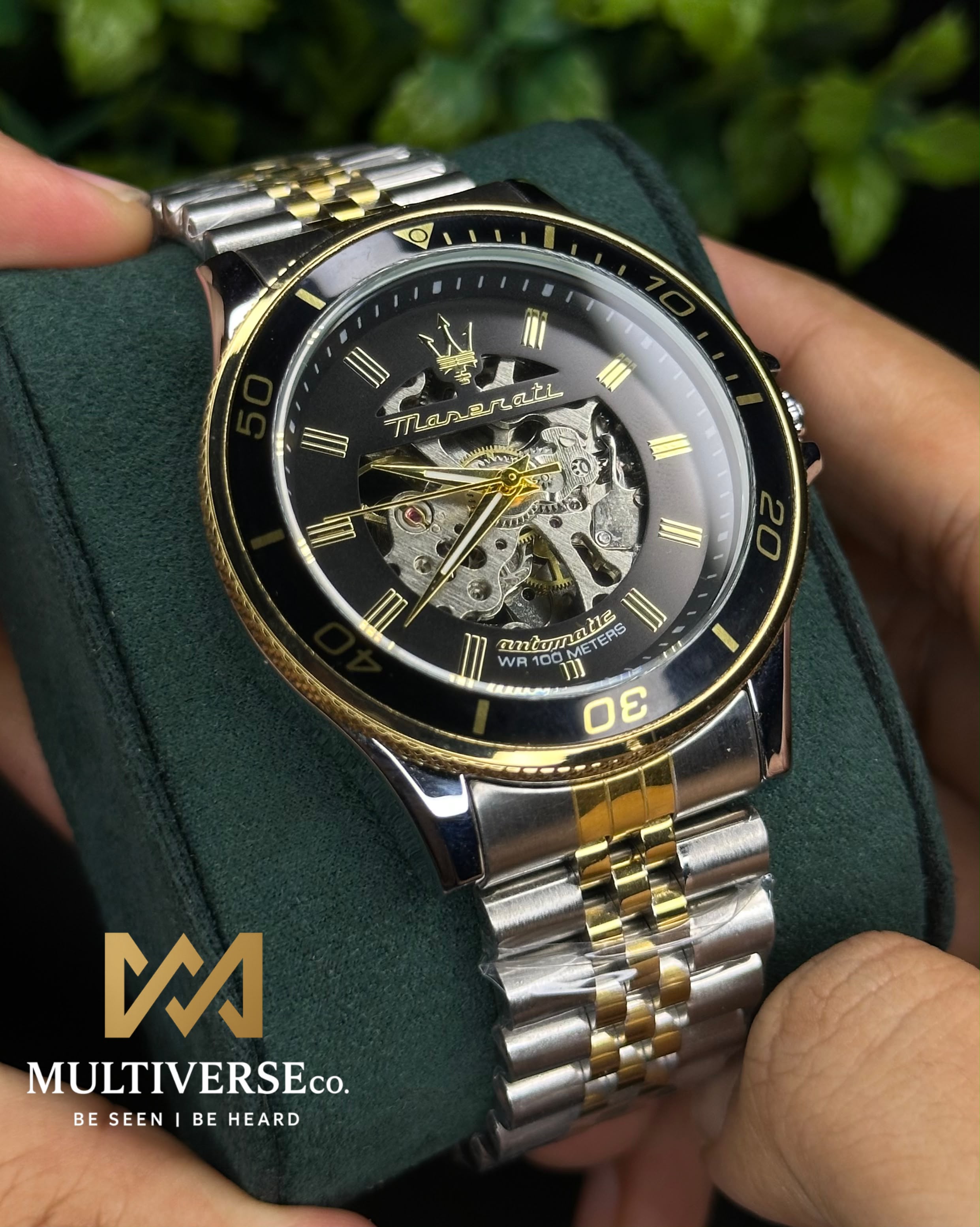MASERATI BLACK SKELETON AUTOMATIC TWO TONE WATCH