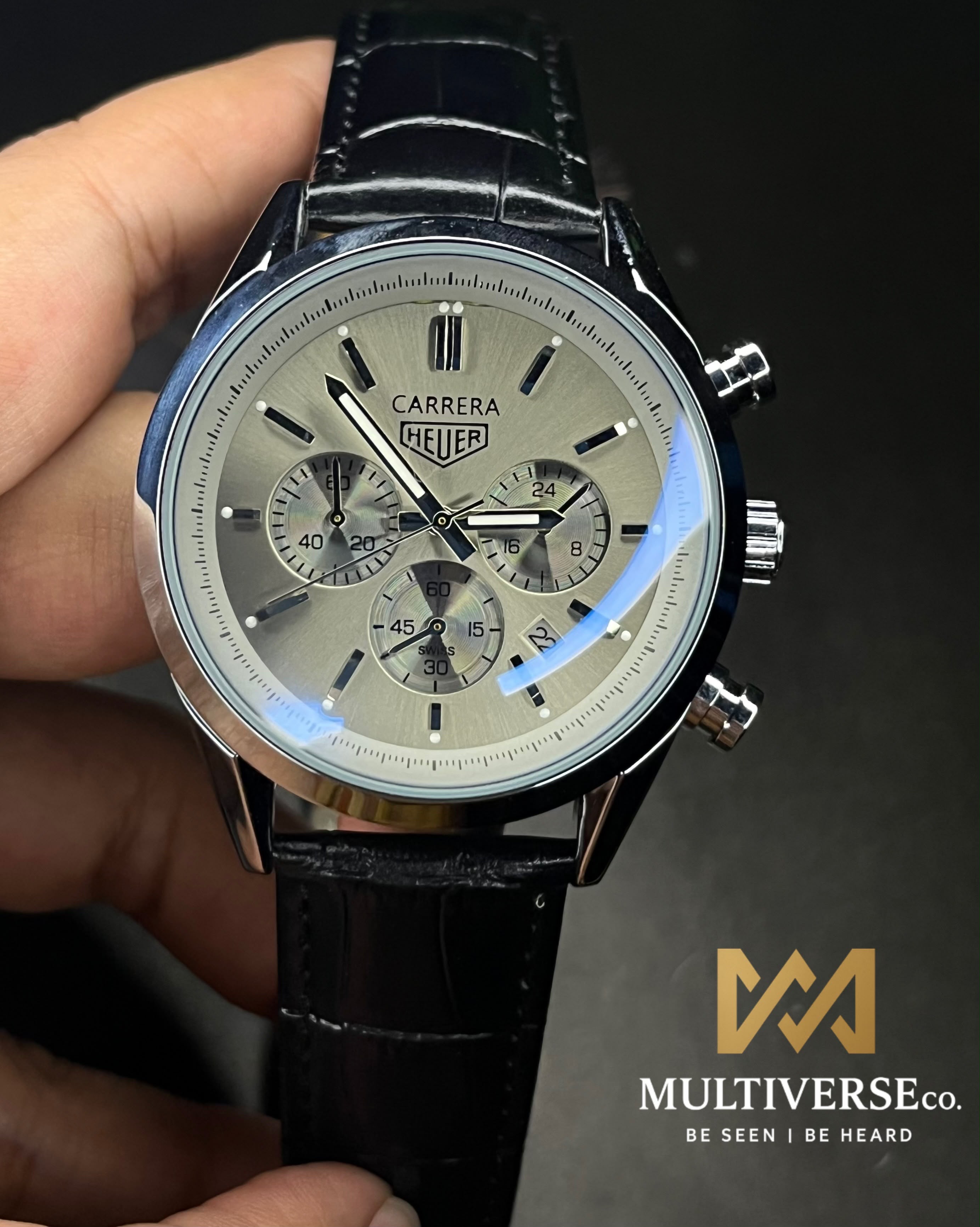 TAG HEUER CARRERA 3 CHRONO BI-COMPAX BLACK BELT SILVER CASE GREY DIAL WATCH_img_1