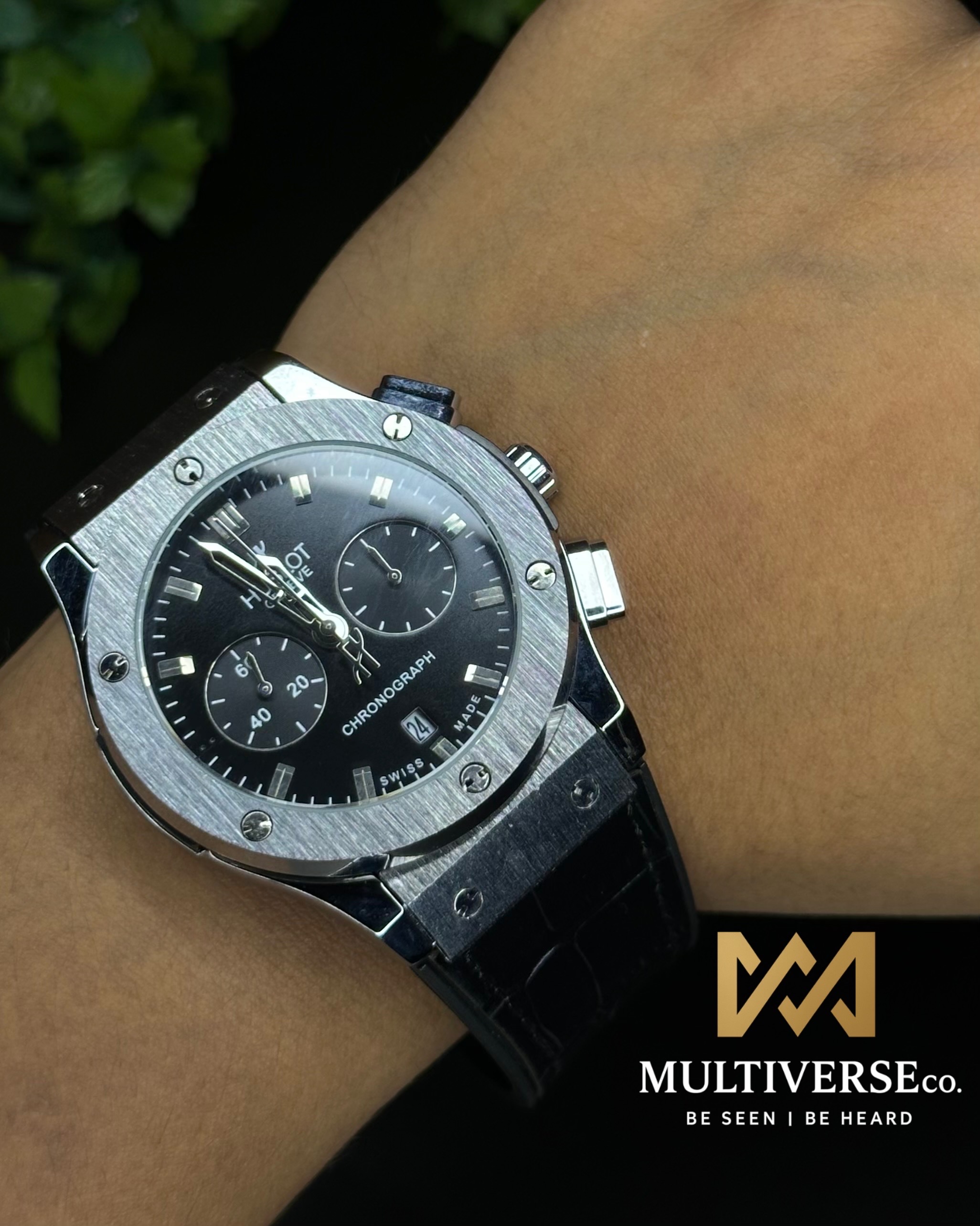 HUBLOT CLASSIC FUSION CHRONOGRAPH BLACK DIAL SILVER CASE BLACK BELT (AA)_img_2