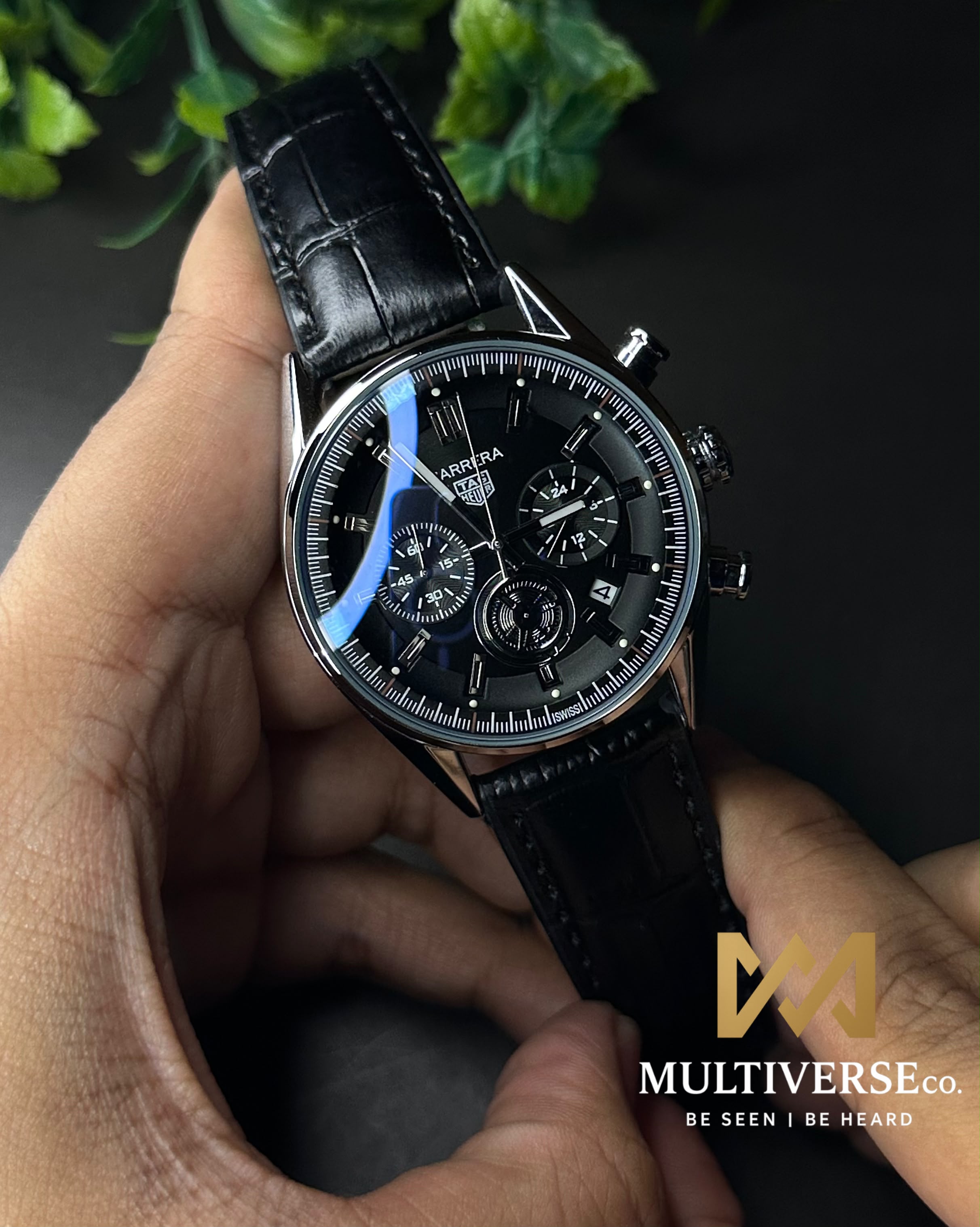 TAG HEUER CARRERA CHRONO BROWN LEATHER BLACK DIAL WATCH_img_2