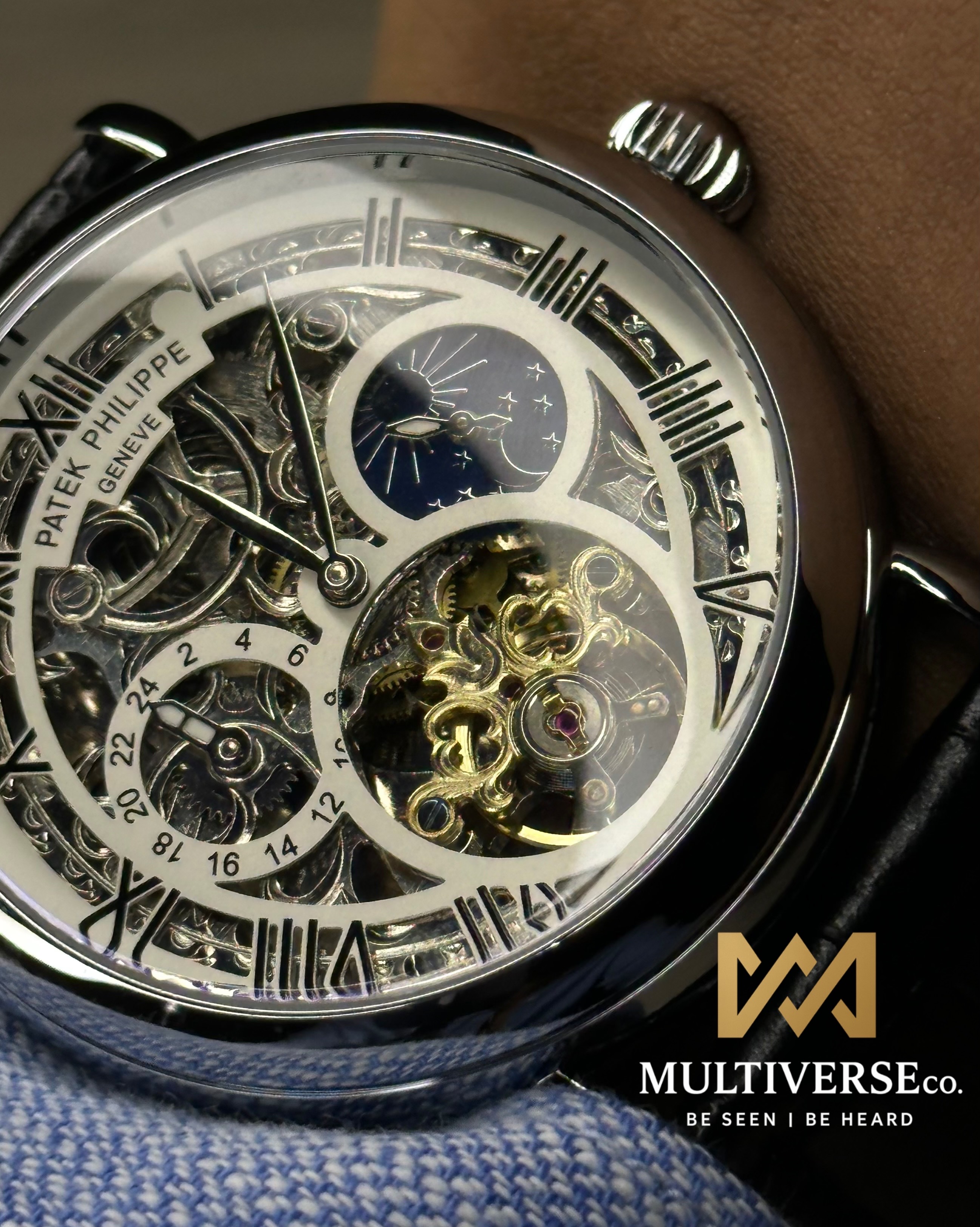 PATEK PHILIPPE SKELETON TOURBILLON BLACK LEATHER SILVER TONE WHITE DIAL WATCH_img_7