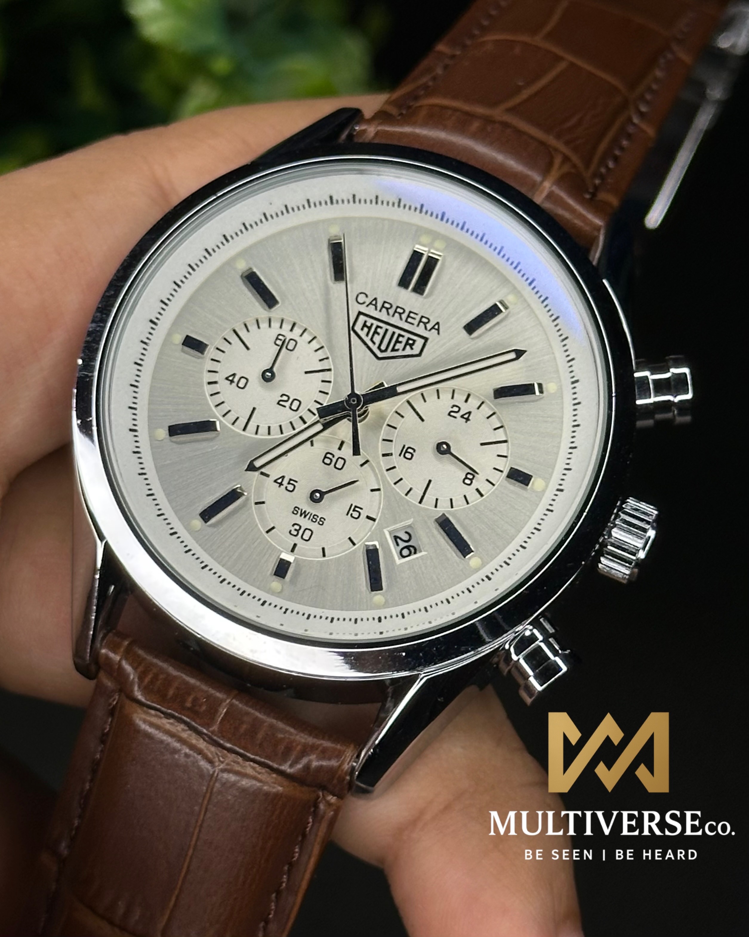 TAG HEUER CARRERA CHRONOGRAPH SILVER CASE BROWN BELT WHITE DIAL (AA)_img_3