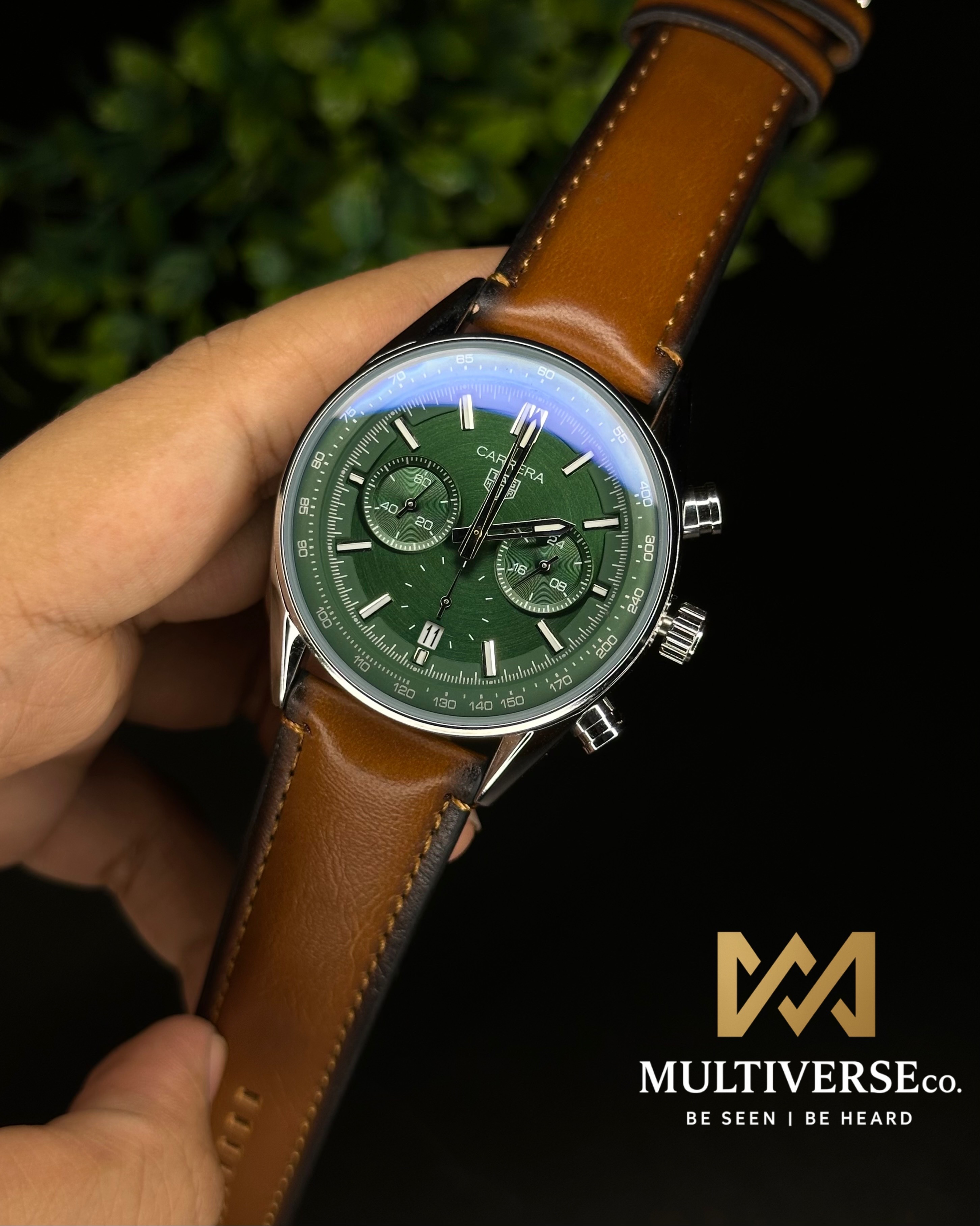 TAG HEUER CARRERA CHRONOGRAPH GREEN DIAL LIGHT BROWN BELT (AA)_img_0