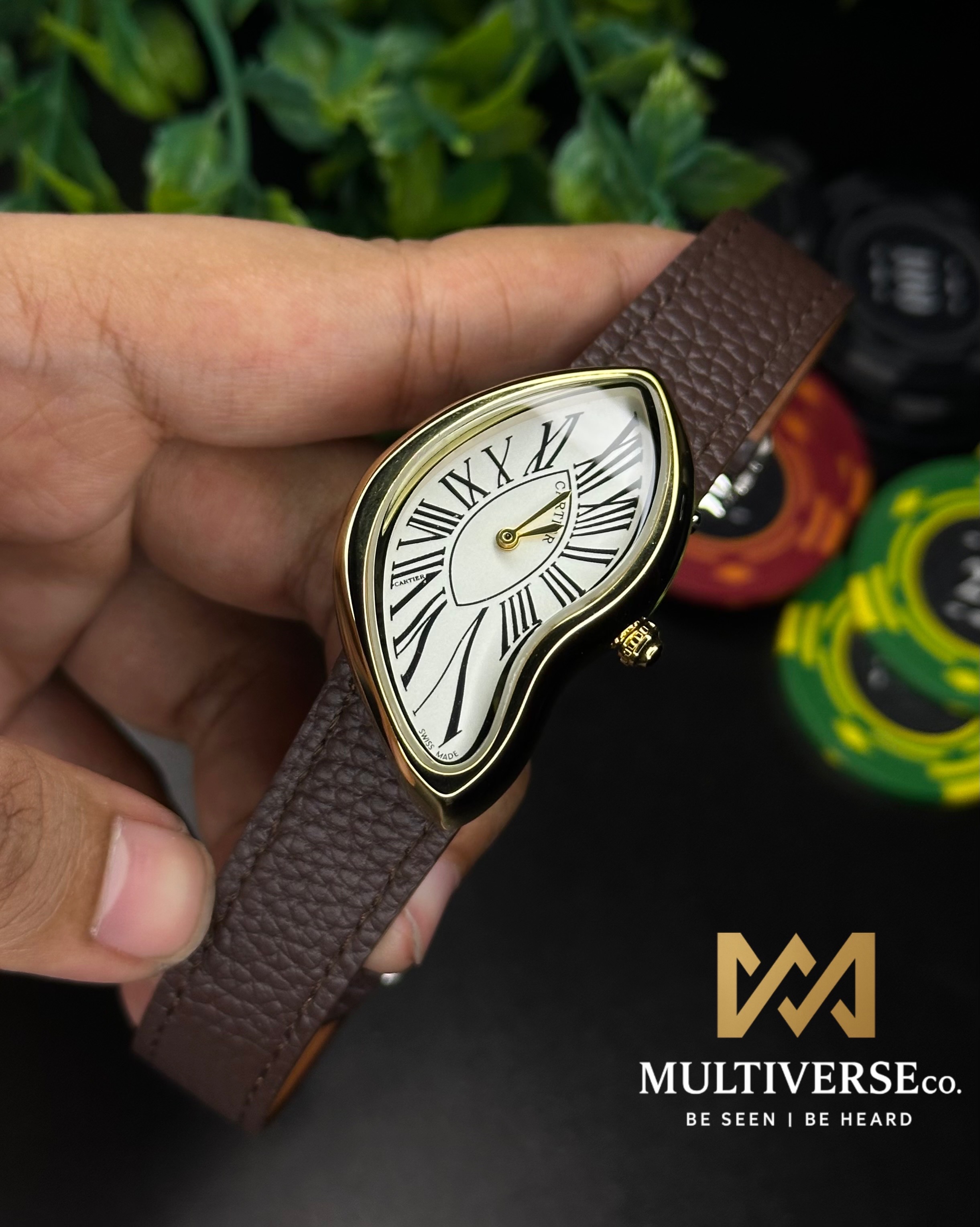 CARTIER CRASH DESIGN | BROWN BELT GOLD CASE WHITE DIAL | (AA)