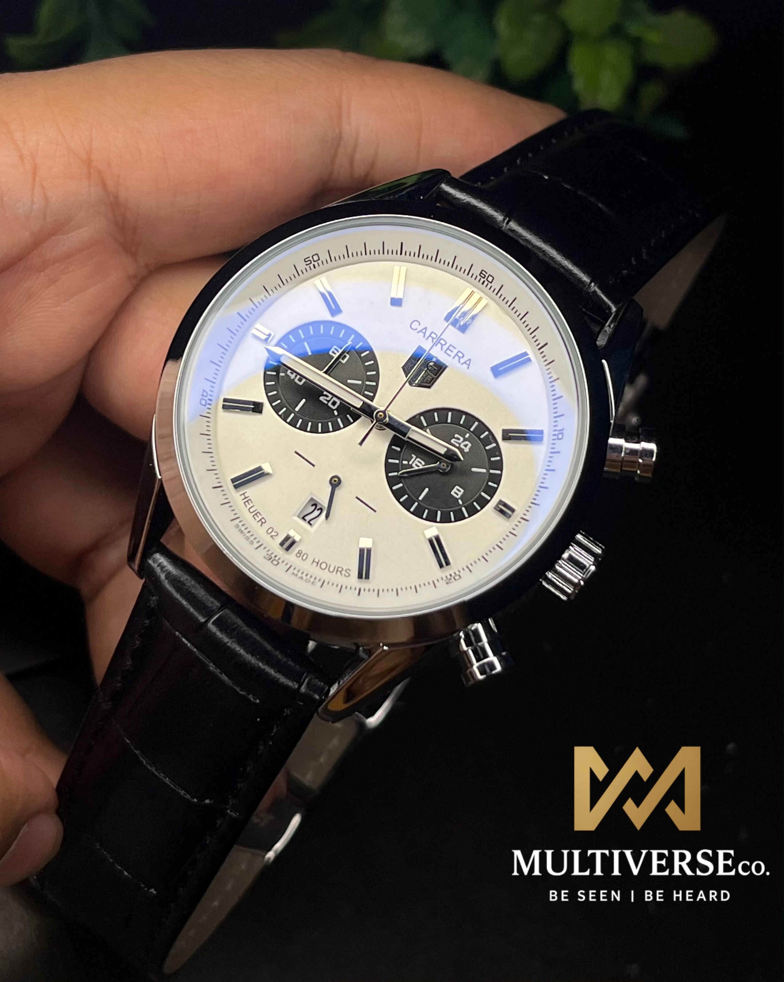 TAG HEUER CARRERA 2 CHRONO PANDA BI-COMPAX BROWN BELT SILVER CASE WHITE DIAL WATCH_img_0
