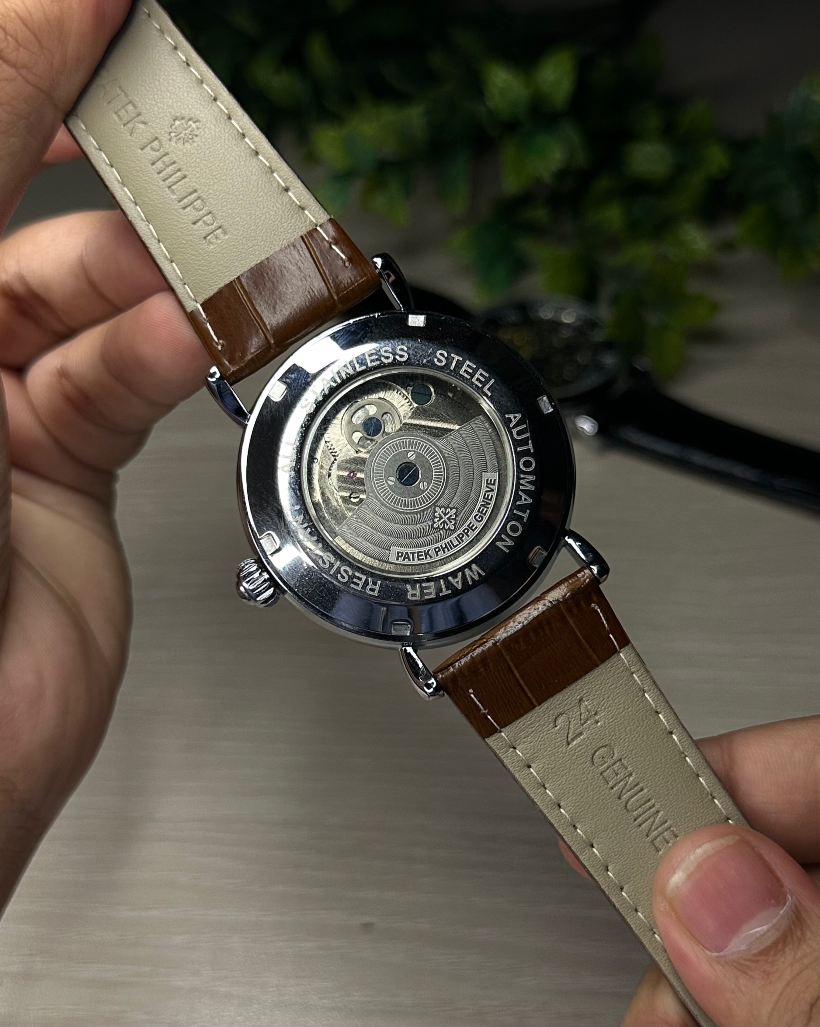 PATEK PHILIPPE SKELETON TOURBILLON BROWN LEATHER SILVER TONE WHITE DIAL WATCH_img_4