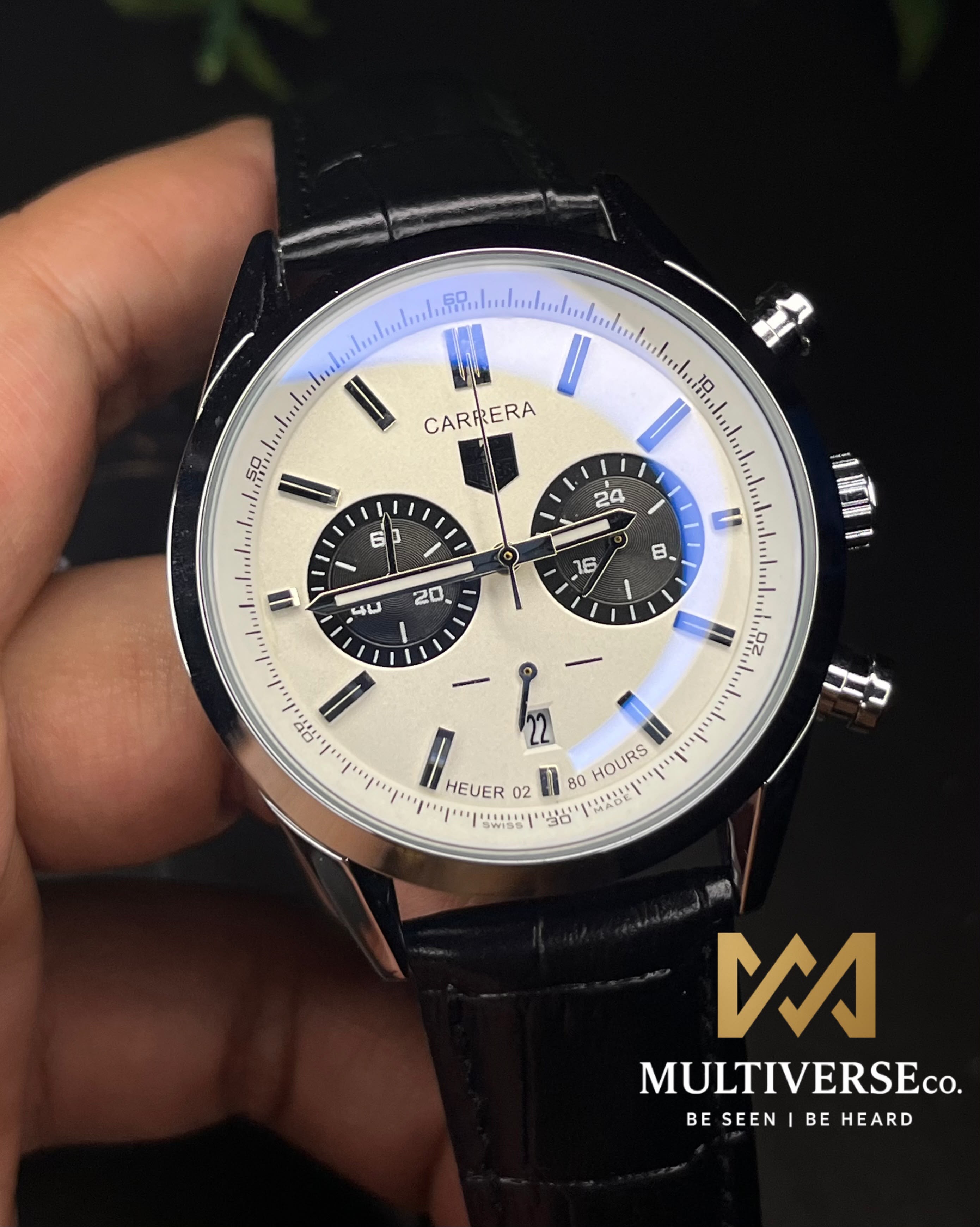 TAG HEUER CARRERA 2 CHRONO PANDA BI-COMPAX BROWN BELT SILVER CASE WHITE DIAL WATCH_img_1