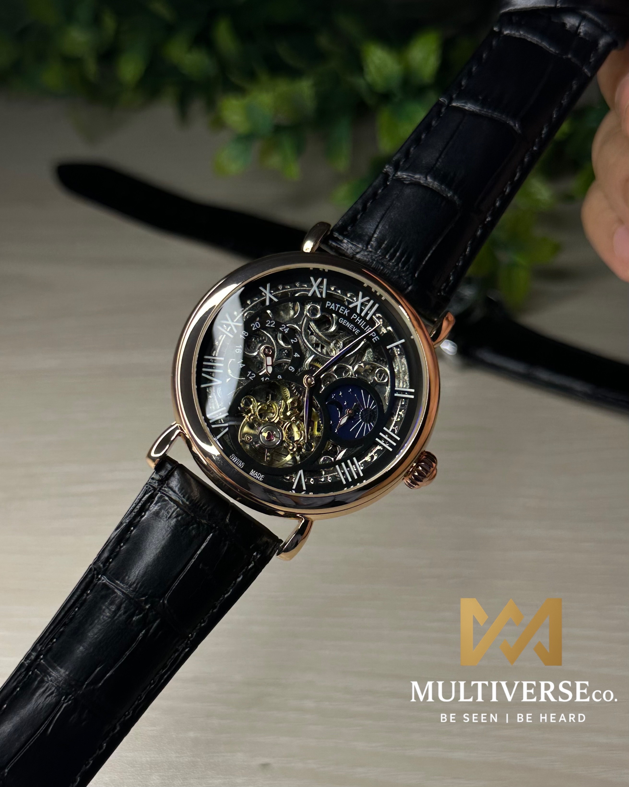 PATEK PHILIPPE SKELETON TOURBILLON BLACK LEATHER GOLDEN TONE BLACK DIAL WATCH_img_0