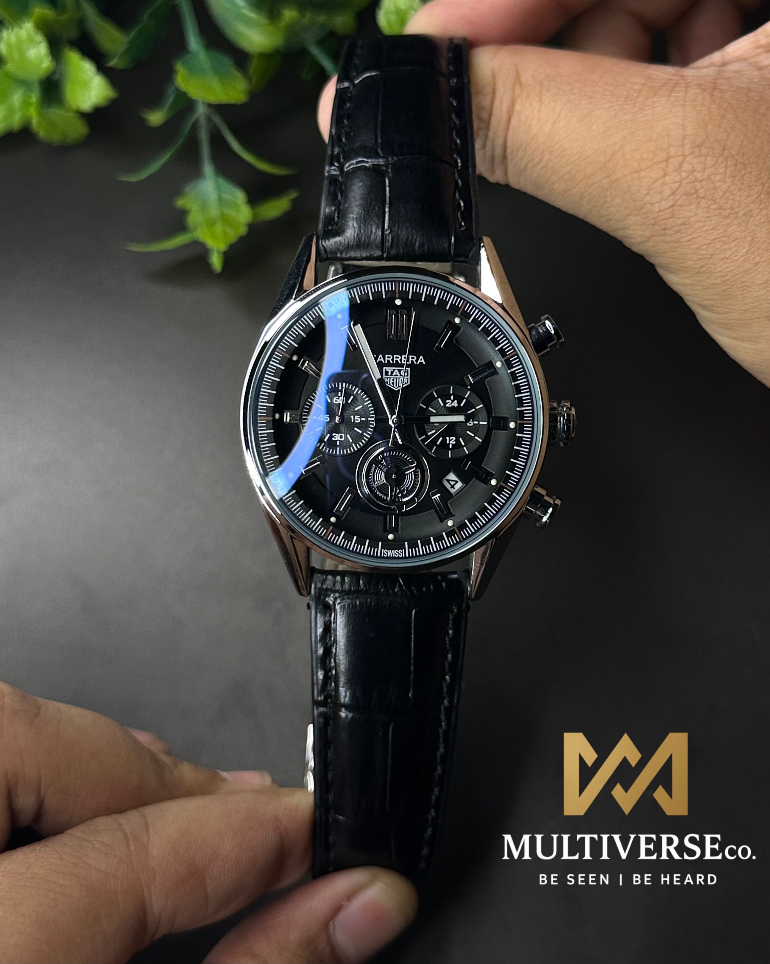 TAG HEUER CARRERA CHRONO BROWN LEATHER BLACK DIAL WATCH_img_1