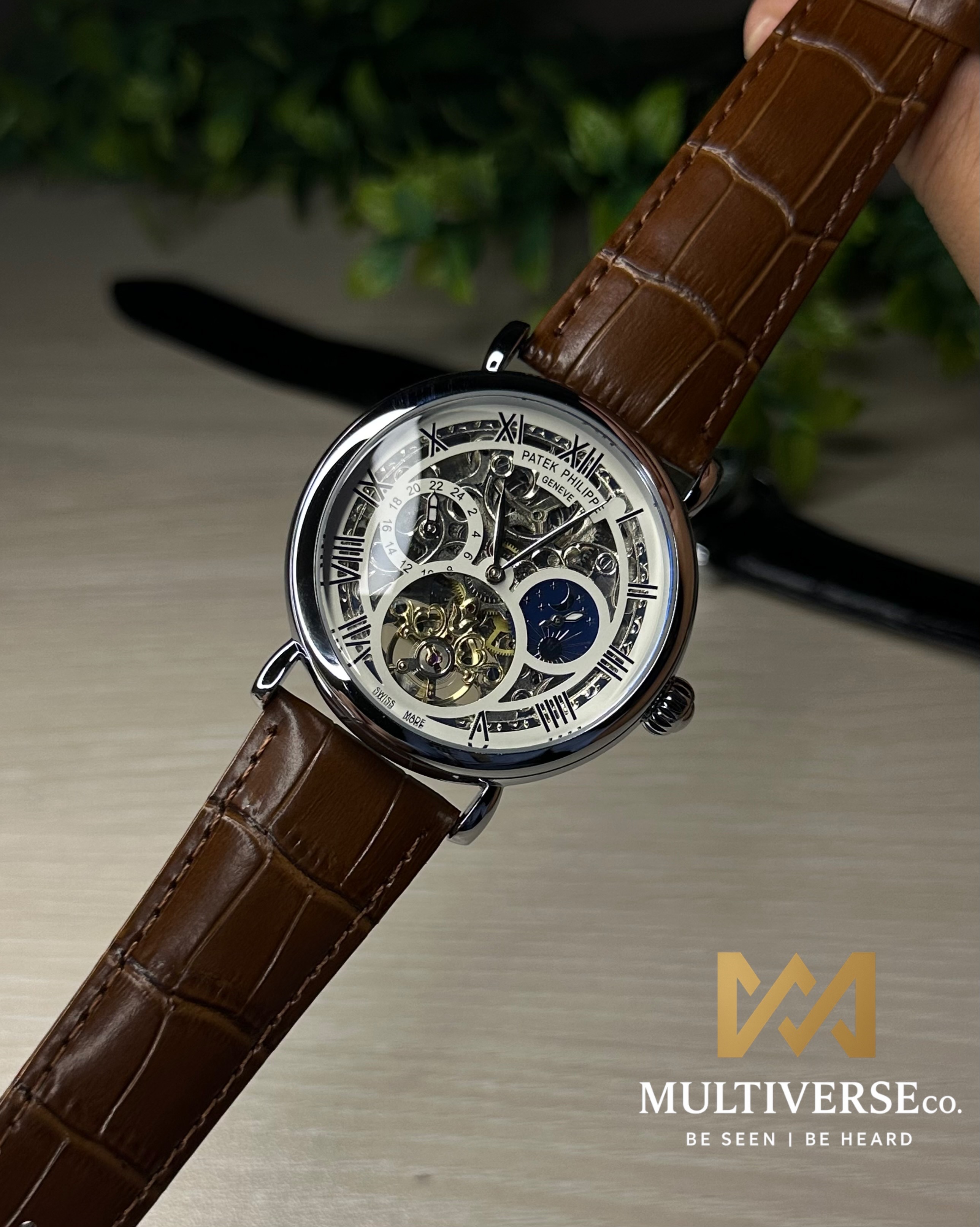 PATEK PHILIPPE SKELETON TOURBILLON BROWN LEATHER SILVER TONE WHITE DIAL WATCH_img_0