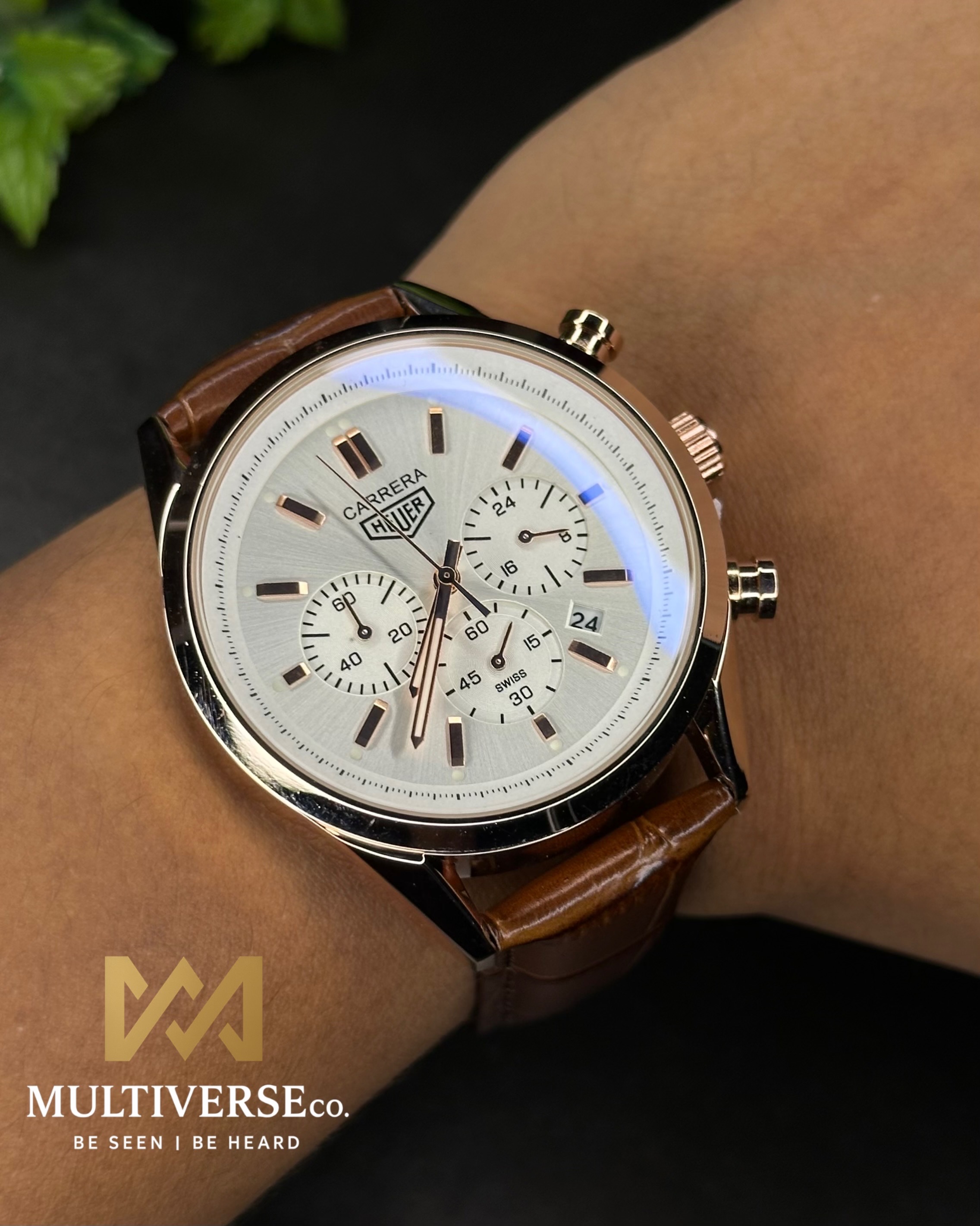 TAG HEUER CARRERA CHRONOGRAPH ROSE GOLD CASE BROWN BELT WHITE DIAL (AA)_img_6