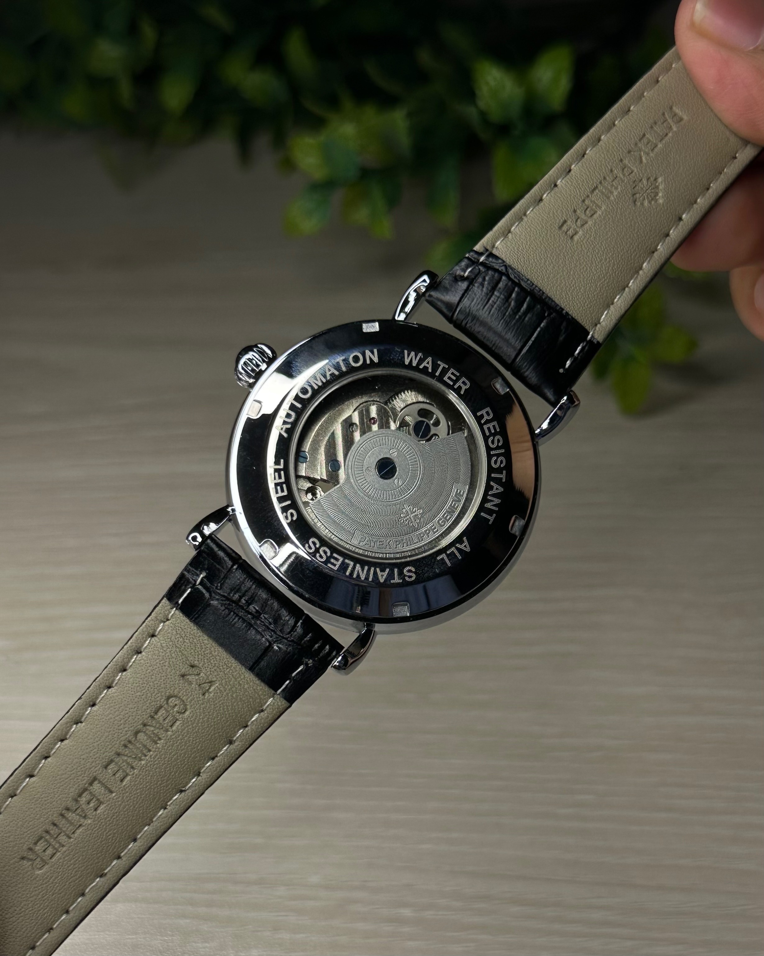 PATEK PHILIPPE SKELETON TOURBILLON BLACK LEATHER SILVER TONE BLACK DIAL WATCH_img_2