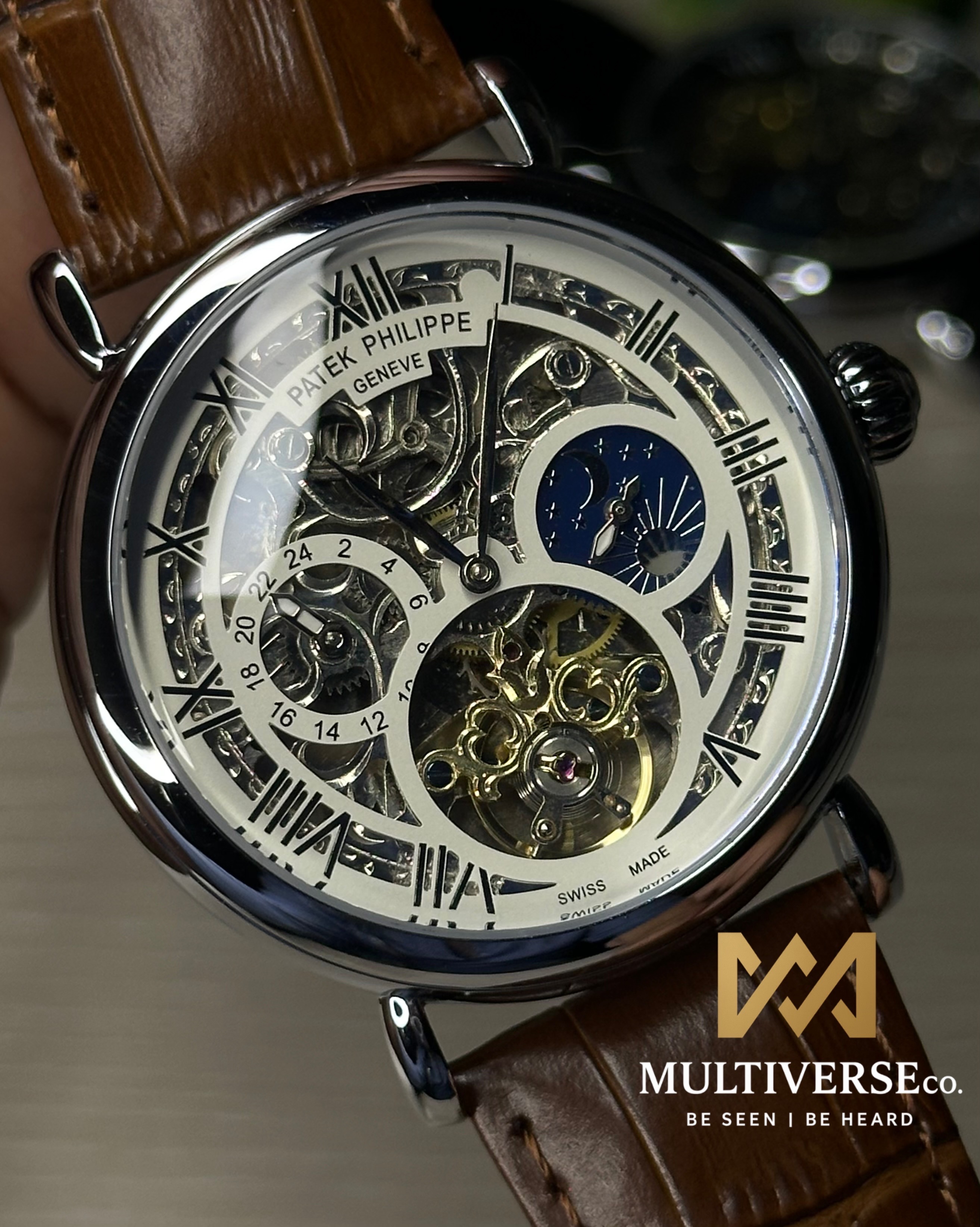 PATEK PHILIPPE SKELETON TOURBILLON BROWN LEATHER SILVER TONE WHITE DIAL WATCH_img_7