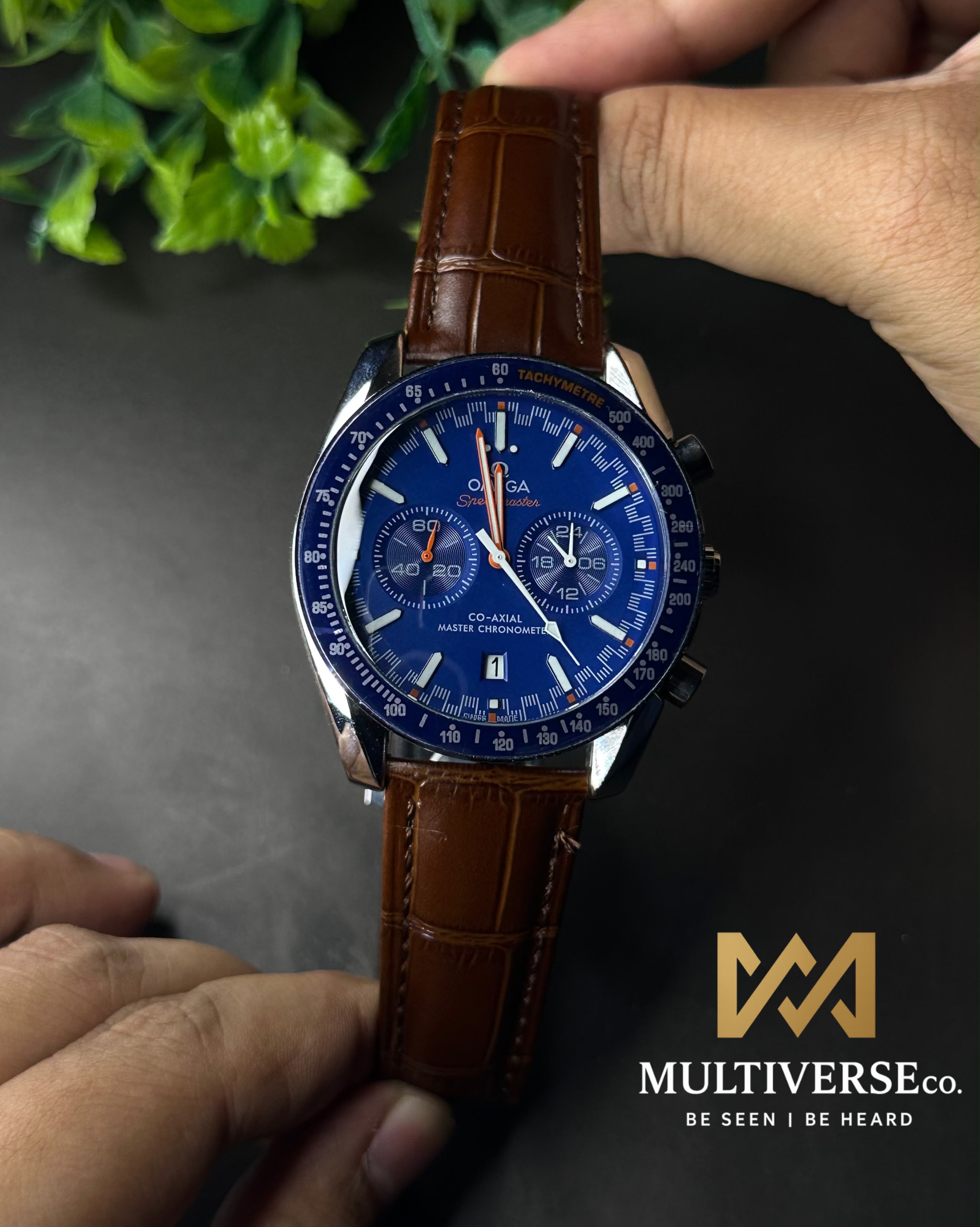 OMEGA SPEEDMASTER RACING CHRONO BROWN LEATHER BLUE DIAL WATCH_img_1